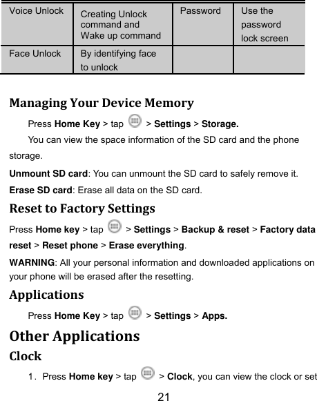 21 Voice Unlock Creating Unlock command and Wake up command Password Use the password lock screen Face Unlock By identifying face to unlock    Managing Your Device Memory Press Home Key > tap    > Settings > Storage. You can view the space information of the SD card and the phone storage.   Unmount SD card: You can unmount the SD card to safely remove it. Erase SD card: Erase all data on the SD card. Reset to Factory Settings Press Home key > tap    > Settings > Backup &amp; reset > Factory data reset > Reset phone > Erase everything. WARNING: All your personal information and downloaded applications on your phone will be erased after the resetting. Applications Press Home Key > tap    > Settings > Apps. Other Applications Clock 1．Press Home key > tap    > Clock, you can view the clock or set 