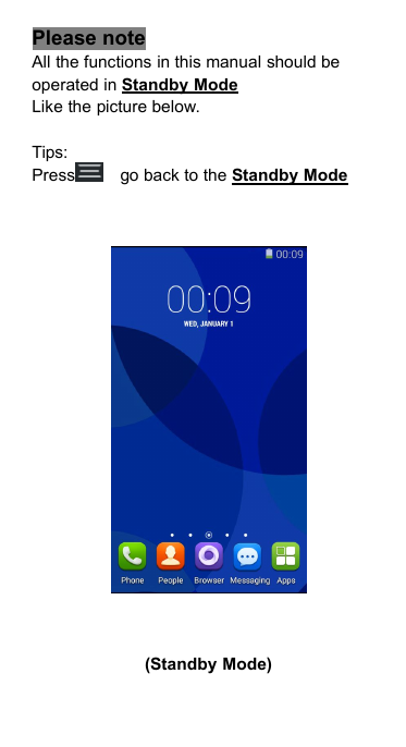 Please noteAll the functions in this manual should beoperated in Standby ModeLike the picture below.Tips:Press go back to the Standby Mode(Standby Mode)
