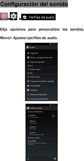 Configuraci&oacute;n del sonido> >Elija opciones para personalizar los sonidos,Men&uacute;> Ajustes>perfiles de audio.