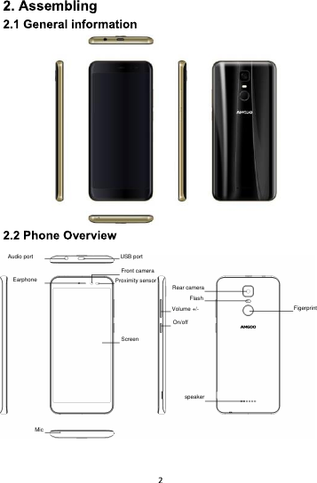 Audio port USB portEarphoneFront cameraProximity sensorScreenMicVolume +/-On/offRear cameraFlashFigerprintspeaker