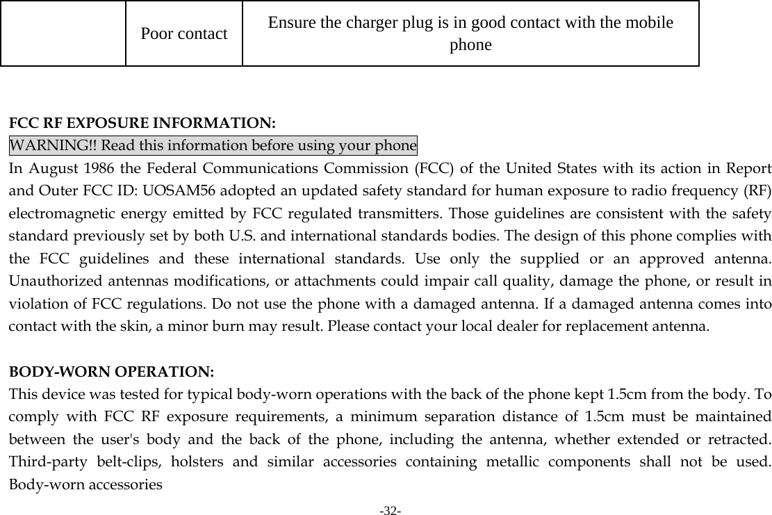 -32- Poor contact  Ensure the charger plug is in good contact with the mobile phone   FCC RF EXPOSURE INFORMATION: WARNING!! Read this information before using your phone In August 1986 the Federal Communications Commission (FCC) of the United States with its action in Report and Outer FCC ID: UOSAM56 adopted an updated safety standard for human exposure to radio frequency (RF) electromagnetic energy emitted by FCC regulated transmitters. Those guidelines are consistent with the safety standard previously set by both U.S. and international standards bodies. The design of this phone complies with the FCC guidelines and these international standards. Use only the supplied or an approved antenna. Unauthorized antennas modifications, or attachments could impair call quality, damage the phone, or result in violation of FCC regulations. Do not use the phone with a damaged antenna. If a damaged antenna comes into contact with the skin, a minor burn may result. Please contact your local dealer for replacement antenna.  BODY-WORN OPERATION: This device was tested for typical body-worn operations with the back of the phone kept 1.5cm from the body. To comply with FCC RF exposure requirements, a minimum separation distance of 1.5cm must be maintained between the user's body and the back of the phone, including the antenna, whether extended or retracted. Third-party belt-clips, holsters and similar accessories containing metallic components shall not be used. Body-worn accessories 