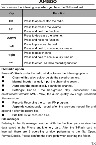   13You can use the following keys when you hear the FM broadcast.   Key  Function OK  Press to open or stop the radio. UP  Press to increase the volume. Press and hold: no function. DOWN  Press to decrease the volume. Press and hold: no function. Left  Press to previous channel. Press and hold to continuously tune up. Right  Press to next channel. Press and hold to continuously tune up. &ldquo;*&rdquo;  Press to enter FM radio recording function FM Radio option Press <Option> under the radio window to use the following options:  Channel list: play, edit or delete the saved channels.  Manual input: manually input the channel to search.  Auto search: automatically search the channel.  Settings: Can se t the background play, loudspeaker turn on/off,record formats: AMR / WAV, the audio quality low / high, recorded files are stored.  Record: Recording the current FM program.  Append: continuously record after the previous record file and append it after the record file.  File list: list all recorded files. File manager Entering in the file manager window. With the function, you can view the data saved in t he Phone and M emory card. After the T-Flash card is inserted, there are 3 operating window pertaining to the file: Open, Format,Details. Please confirm the store path when opening the folder.  