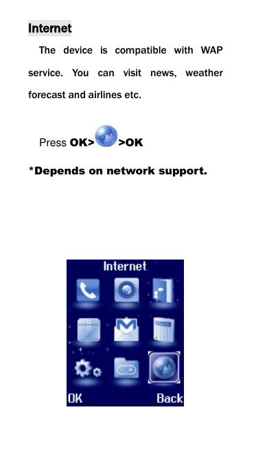 Internet The  device  is  compatible  with  WAP service.  You  can  visit  news,  weather forecast and airlines etc. Press OK> >OK *Depends on network support.             