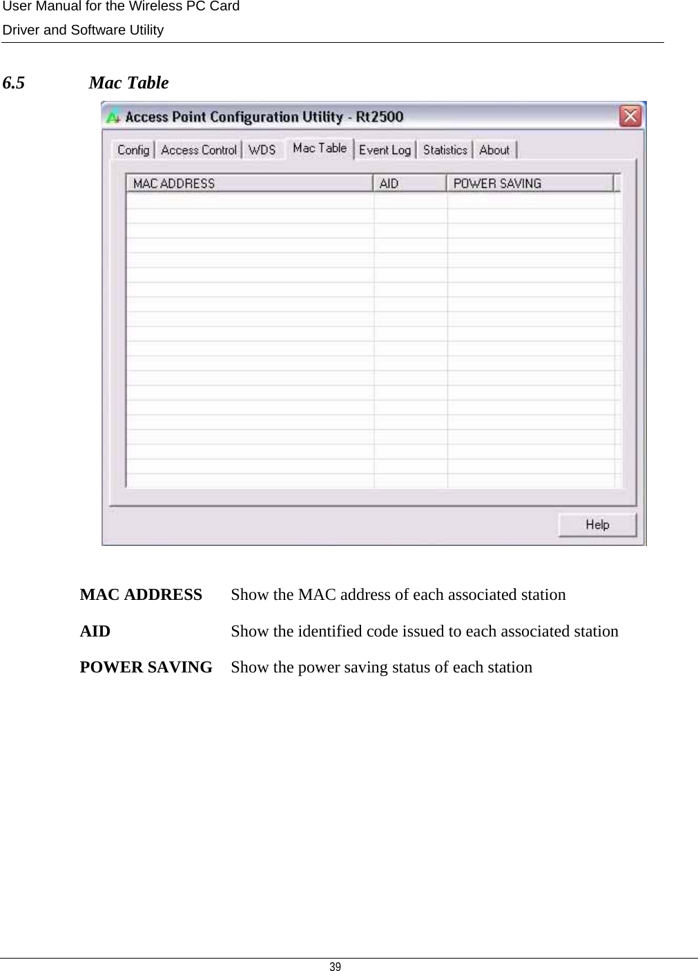 User Manual for the Wireless PC Card Driver and Software Utility   39    6.5              Mac Table   MAC ADDRESS  Show the MAC address of each associated station AID  Show the identified code issued to each associated station POWER SAVING  Show the power saving status of each station         