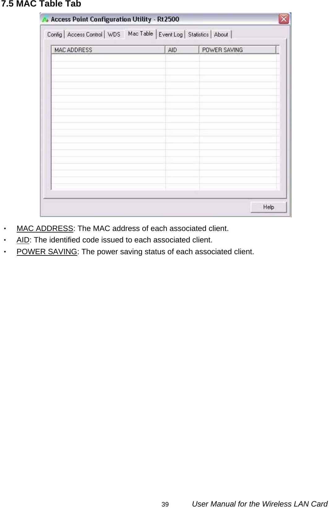                                                                                                                                                39      User Manual for the Wireless LAN Card 7.5 MAC Table Tab  ‧ MAC ADDRESS: The MAC address of each associated client. ‧ AID: The identified code issued to each associated client. ‧ POWER SAVING: The power saving status of each associated client.   