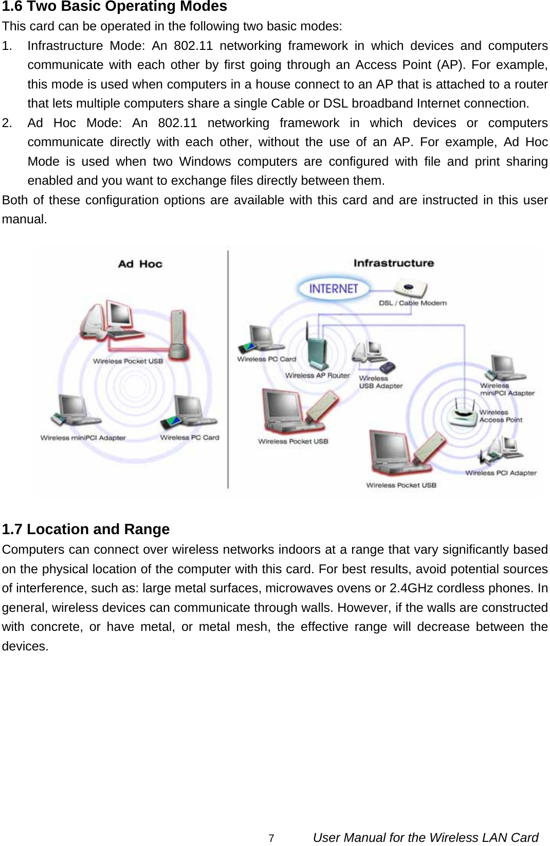                                                                                                                                                7      User Manual for the Wireless LAN Card 1.6 Two Basic Operating Modes This card can be operated in the following two basic modes: 1. Infrastructure Mode: An 802.11 networking framework in which devices and computers communicate with each other by first going through an Access Point (AP). For example, this mode is used when computers in a house connect to an AP that is attached to a router that lets multiple computers share a single Cable or DSL broadband Internet connection. 2.  Ad Hoc Mode: An 802.11 networking framework in which devices or computers communicate directly with each other, without the use of an AP. For example, Ad Hoc Mode is used when two Windows computers are configured with file and print sharing enabled and you want to exchange files directly between them.   Both of these configuration options are available with this card and are instructed in this user manual.    1.7 Location and Range Computers can connect over wireless networks indoors at a range that vary significantly based on the physical location of the computer with this card. For best results, avoid potential sources of interference, such as: large metal surfaces, microwaves ovens or 2.4GHz cordless phones. In general, wireless devices can communicate through walls. However, if the walls are constructed with concrete, or have metal, or metal mesh, the effective range will decrease between the devices.           