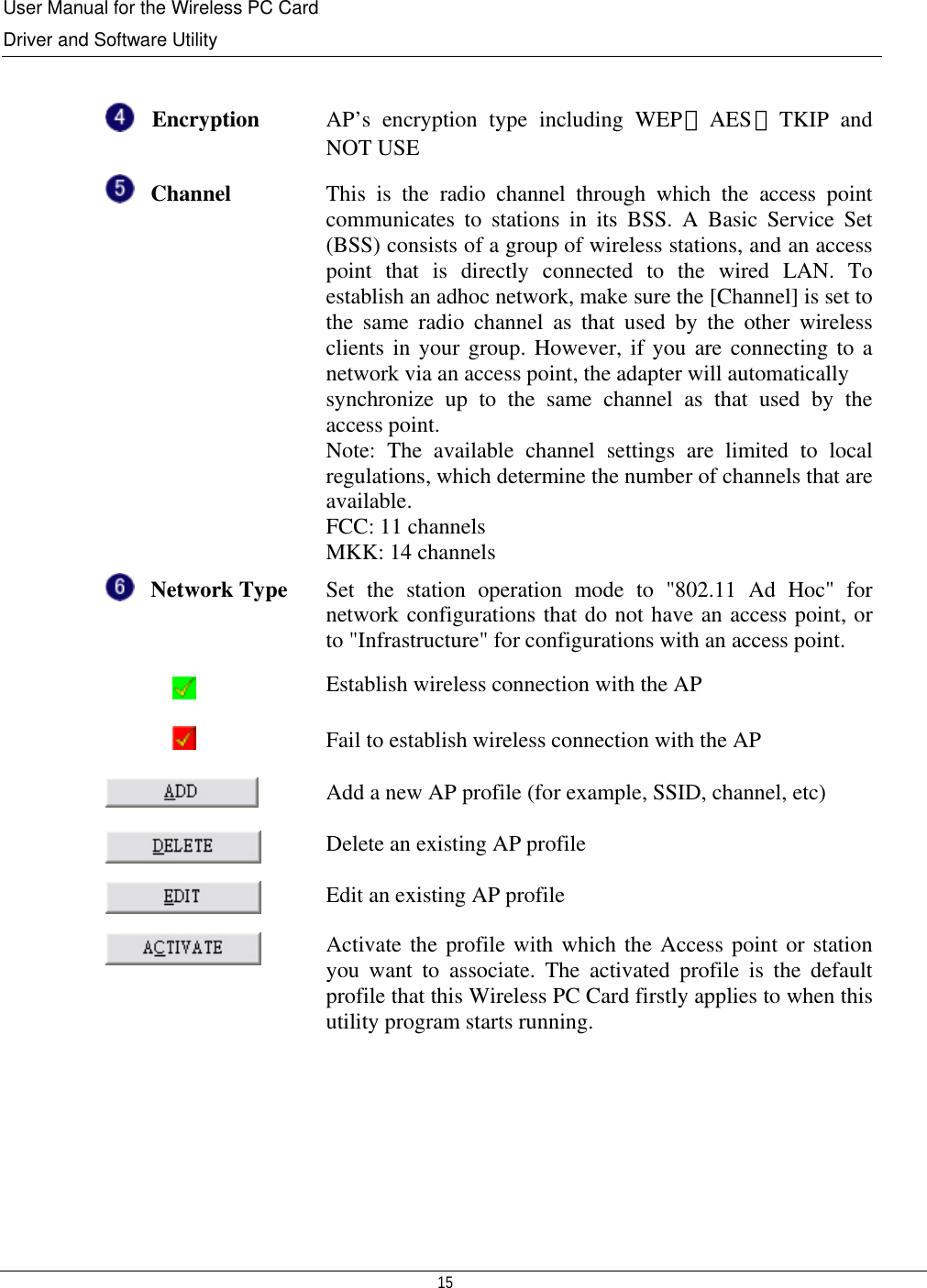 User Manual for the Wireless PC Card Driver and Software Utility   15    Encryption  AP’s encryption type including WEP、AES、TKIP and NOT USE Channel  This is the radio channel through which the access point communicates to stations in its BSS. A Basic Service Set (BSS) consists of a group of wireless stations, and an access point that is directly connected to the wired LAN. To establish an adhoc network, make sure the [Channel] is set to the same radio channel as that used by the other wireless clients in your group. However, if you are connecting to a network via an access point, the adapter will automatically synchronize up to the same channel as that used by the access point.  Note: The available channel settings are limited to local regulations, which determine the number of channels that are available. FCC: 11 channels MKK: 14 channels Network Type  Set the station operation mode to &quot;802.11 Ad Hoc&quot; for network configurations that do not have an access point, or to &quot;Infrastructure&quot; for configurations with an access point.  Establish wireless connection with the AP  Fail to establish wireless connection with the AP  Add a new AP profile (for example, SSID, channel, etc)  Delete an existing AP profile  Edit an existing AP profile  Activate the profile with which the Access point or station you want to associate. The activated profile is the default profile that this Wireless PC Card firstly applies to when this utility program starts running.       