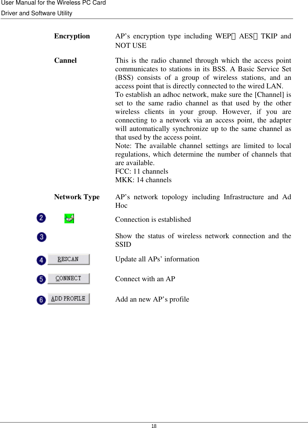 User Manual for the Wireless PC Card Driver and Software Utility  18    Encryption  AP’s encryption type including WEP、AES、TKIP and NOT USE  Cannel  This is the radio channel through which the access point communicates to stations in its BSS. A Basic Service Set (BSS) consists of a group of wireless stations, and an access point that is directly connected to the wired LAN. To establish an adhoc network, make sure the [Channel] is set to the same radio channel as that used by the other wireless clients in your group. However, if you are connecting to a network via an access point, the adapter will automatically synchronize up to the same channel as that used by the access point.  Note: The available channel settings are limited to local regulations, which determine the number of channels that are available. FCC: 11 channels MKK: 14 channels   Network Type AP’s network topology including Infrastructure and Ad Hoc  Connection is established  Show the status of wireless network connection and the SSID  Update all APs’ information  Connect with an AP  Add an new AP’s profile         