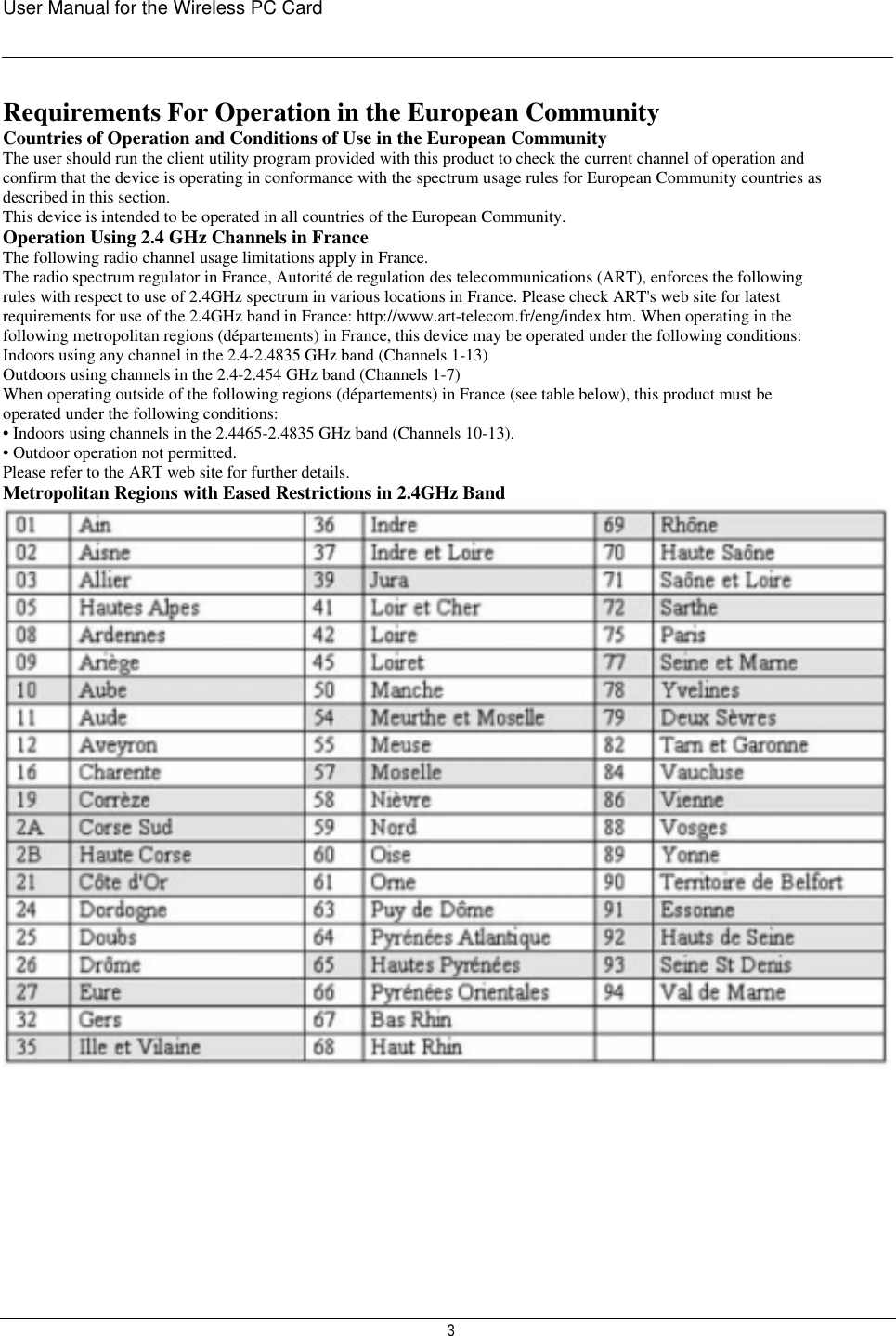 User Manual for the Wireless PC Card    3 Requirements For Operation in the European Community Countries of Operation and Conditions of Use in the European Community The user should run the client utility program provided with this product to check the current channel of operation and confirm that the device is operating in conformance with the spectrum usage rules for European Community countries as described in this section. This device is intended to be operated in all countries of the European Community. Operation Using 2.4 GHz Channels in France The following radio channel usage limitations apply in France. The radio spectrum regulator in France, Autorité de regulation des telecommunications (ART), enforces the following rules with respect to use of 2.4GHz spectrum in various locations in France. Please check ART&apos;s web site for latest requirements for use of the 2.4GHz band in France: http://www.art-telecom.fr/eng/index.htm. When operating in the following metropolitan regions (départements) in France, this device may be operated under the following conditions: Indoors using any channel in the 2.4-2.4835 GHz band (Channels 1-13) Outdoors using channels in the 2.4-2.454 GHz band (Channels 1-7) When operating outside of the following regions (départements) in France (see table below), this product must be operated under the following conditions: • Indoors using channels in the 2.4465-2.4835 GHz band (Channels 10-13). • Outdoor operation not permitted. Please refer to the ART web site for further details. Metropolitan Regions with Eased Restrictions in 2.4GHz Band    