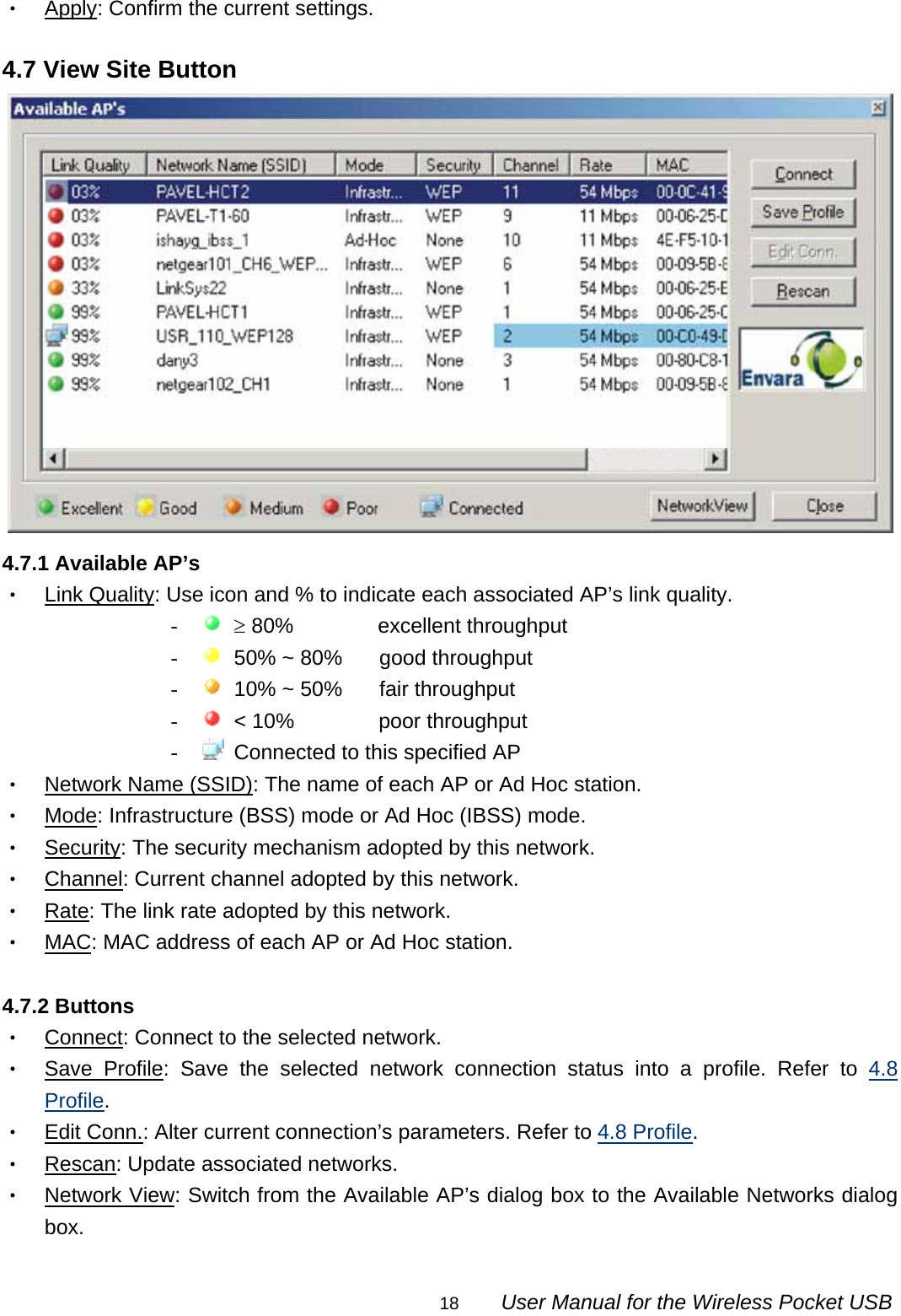                                                                                                                                                18        User Manual for the Wireless Pocket USB ‧ Apply: Confirm the current settings.  4.7 View Site Button  4.7.1 Available AP’s ‧ Link Quality: Use icon and % to indicate each associated AP’s link quality. -   ≥ 80%        excellent throughput -    50% ~ 80%   good throughput -    10% ~ 50%   fair throughput -   &lt; 10%        poor throughput -    Connected to this specified AP ‧ Network Name (SSID): The name of each AP or Ad Hoc station. ‧ Mode: Infrastructure (BSS) mode or Ad Hoc (IBSS) mode. ‧ Security: The security mechanism adopted by this network. ‧ Channel: Current channel adopted by this network. ‧ Rate: The link rate adopted by this network. ‧ MAC: MAC address of each AP or Ad Hoc station.  4.7.2 Buttons ‧ Connect: Connect to the selected network. ‧ Save Profile: Save the selected network connection status into a profile. Refer to 4.8 Profile. ‧ Edit Conn.: Alter current connection’s parameters. Refer to 4.8 Profile. ‧ Rescan: Update associated networks. ‧ Network View: Switch from the Available AP’s dialog box to the Available Networks dialog box. 