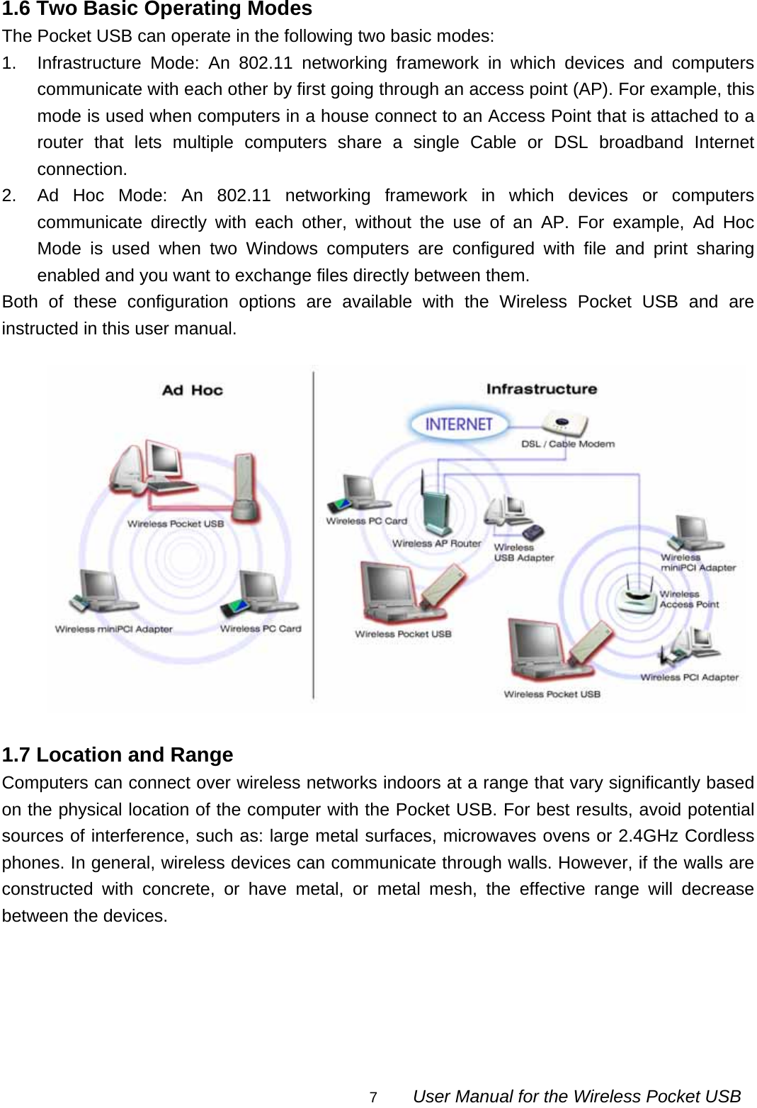                                                                                                                                                7        User Manual for the Wireless Pocket USB 1.6 Two Basic Operating Modes The Pocket USB can operate in the following two basic modes: 1. Infrastructure Mode: An 802.11 networking framework in which devices and computers communicate with each other by first going through an access point (AP). For example, this mode is used when computers in a house connect to an Access Point that is attached to a router that lets multiple computers share a single Cable or DSL broadband Internet connection. 2.  Ad Hoc Mode: An 802.11 networking framework in which devices or computers communicate directly with each other, without the use of an AP. For example, Ad Hoc Mode is used when two Windows computers are configured with file and print sharing enabled and you want to exchange files directly between them.   Both of these configuration options are available with the Wireless Pocket USB and are instructed in this user manual.    1.7 Location and Range Computers can connect over wireless networks indoors at a range that vary significantly based on the physical location of the computer with the Pocket USB. For best results, avoid potential sources of interference, such as: large metal surfaces, microwaves ovens or 2.4GHz Cordless phones. In general, wireless devices can communicate through walls. However, if the walls are constructed with concrete, or have metal, or metal mesh, the effective range will decrease between the devices.      