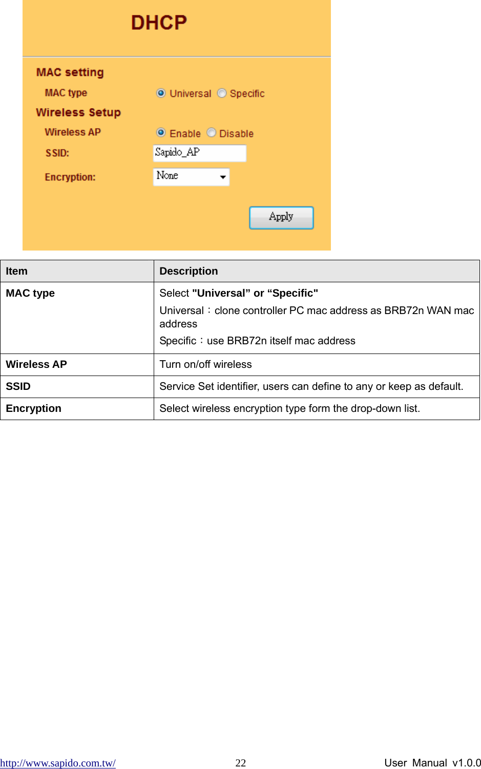 http://www.sapido.com.tw/                User Manual v1.0.0 22 Item  Description MAC type  Select &quot;Universal” or “Specific&quot; Universal：clone controller PC mac address as BRB72n WAN mac address Specific：use BRB72n itself mac address Wireless AP  Turn on/off wireless SSID  Service Set identifier, users can define to any or keep as default. Encryption  Select wireless encryption type form the drop-down list.  