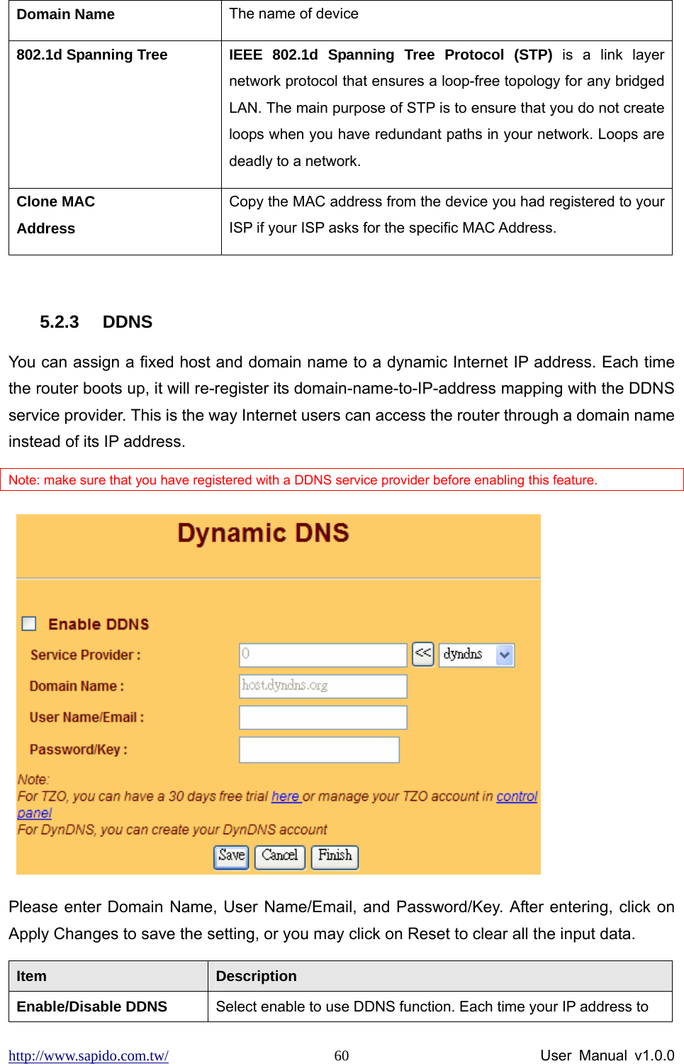 http://www.sapido.com.tw/                User Manual v1.0.0 60Domain Name  The name of device 802.1d Spanning Tree  IEEE 802.1d Spanning Tree Protocol (STP) is a link layer network protocol that ensures a loop-free topology for any bridged LAN. The main purpose of STP is to ensure that you do not create loops when you have redundant paths in your network. Loops are deadly to a network. Clone MAC Address                  Copy the MAC address from the device you had registered to your ISP if your ISP asks for the specific MAC Address.    5.2.3 DDNS You can assign a fixed host and domain name to a dynamic Internet IP address. Each time the router boots up, it will re-register its domain-name-to-IP-address mapping with the DDNS service provider. This is the way Internet users can access the router through a domain name instead of its IP address.   Note: make sure that you have registered with a DDNS service provider before enabling this feature.     Please enter Domain Name, User Name/Email, and Password/Key. After entering, click on Apply Changes to save the setting, or you may click on Reset to clear all the input data.   Item  Description Enable/Disable DDNS  Select enable to use DDNS function. Each time your IP address to 