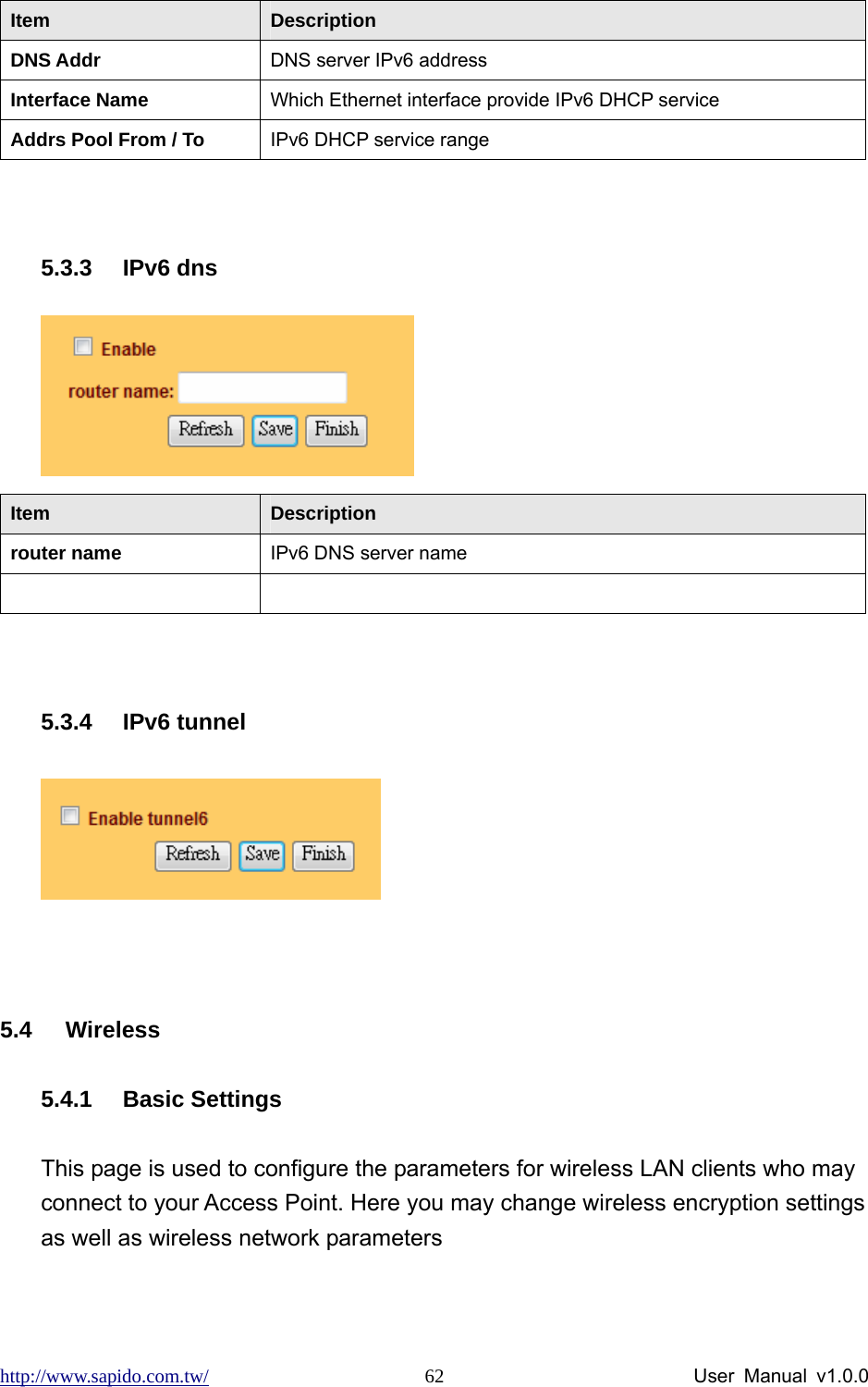 http://www.sapido.com.tw/                User Manual v1.0.0 62Item  Description DNS Addr  DNS server IPv6 address Interface Name  Which Ethernet interface provide IPv6 DHCP service Addrs Pool From / To  IPv6 DHCP service range  5.3.3 IPv6 dns  Item  Description router name  IPv6 DNS server name    5.3.4 IPv6 tunnel   5.4 Wireless 5.4.1 Basic Settings This page is used to configure the parameters for wireless LAN clients who may connect to your Access Point. Here you may change wireless encryption settings as well as wireless network parameters 