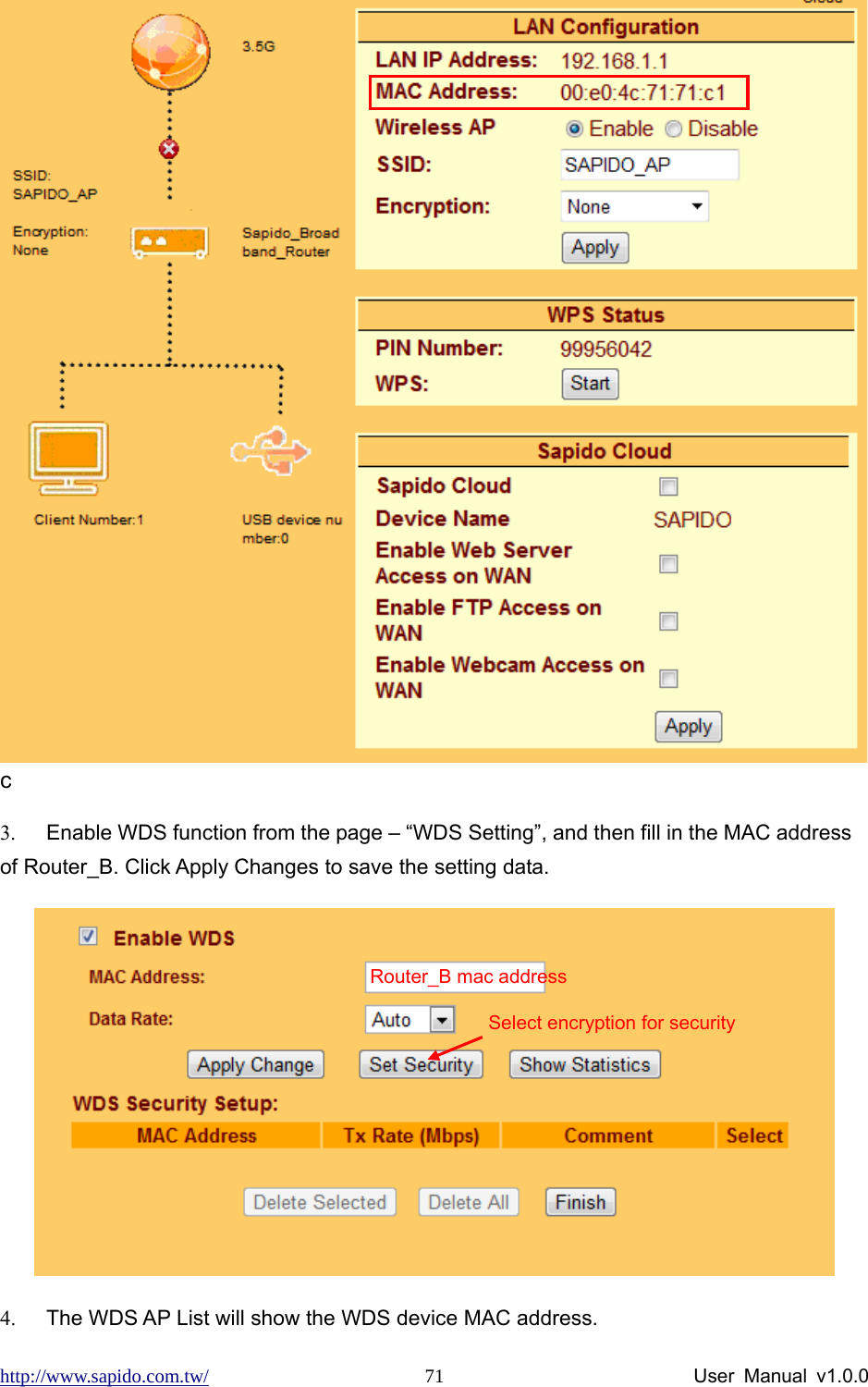 http://www.sapido.com.tw/                User Manual v1.0.0 71c 3.  Enable WDS function from the page – “WDS Setting”, and then fill in the MAC address of Router_B. Click Apply Changes to save the setting data.  4.  The WDS AP List will show the WDS device MAC address. Router_B mac address Select encryption for security 