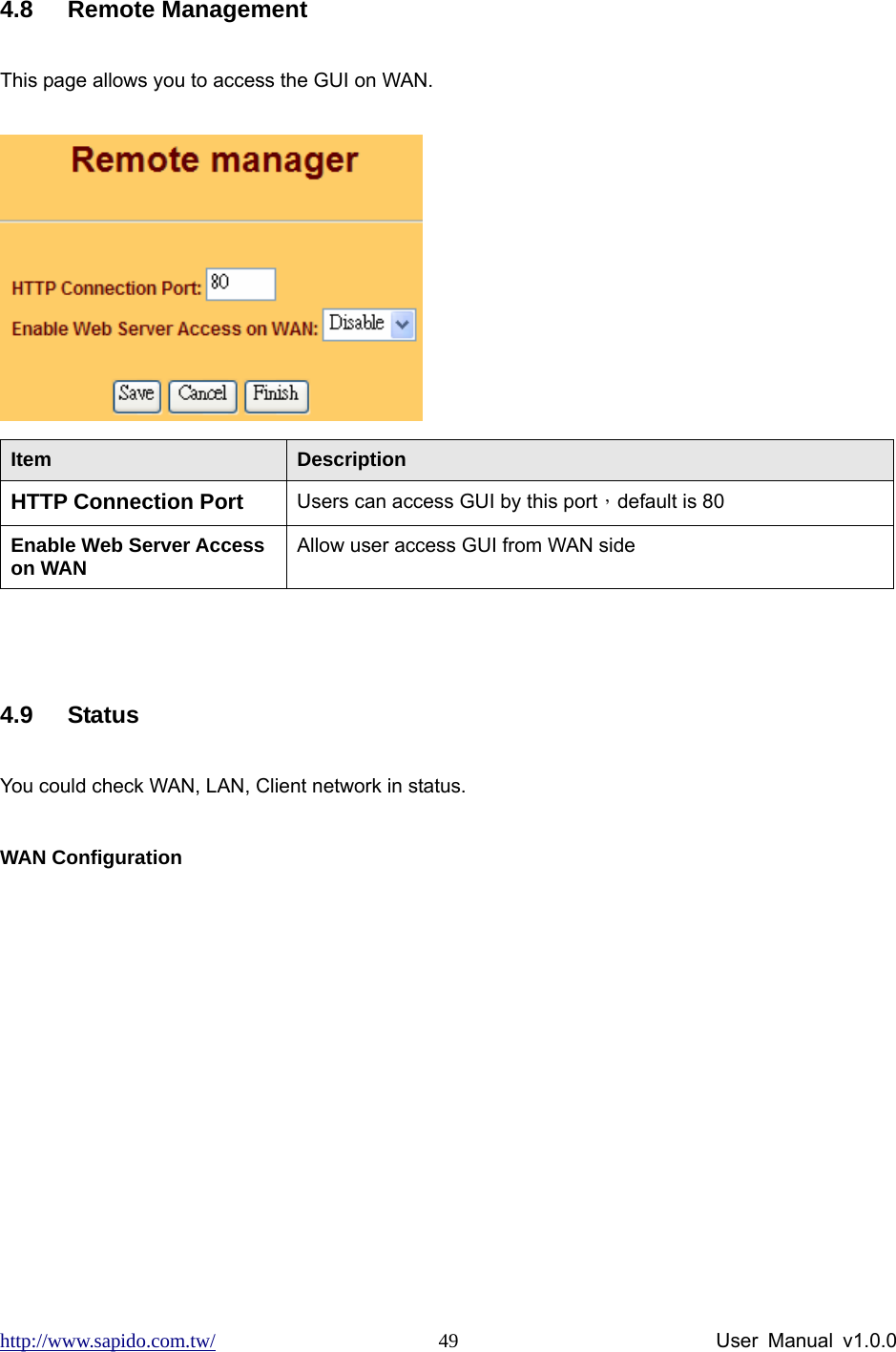 http://www.sapido.com.tw/                User Manual v1.0.0 49 4.8 Remote Management This page allows you to access the GUI on WAN.  Item  Description HTTP Connection Port Users can access GUI by this port，default is 80 Enable Web Server Access on WAN  Allow user access GUI from WAN side  4.9 Status You could check WAN, LAN, Client network in status. WAN Configuration 