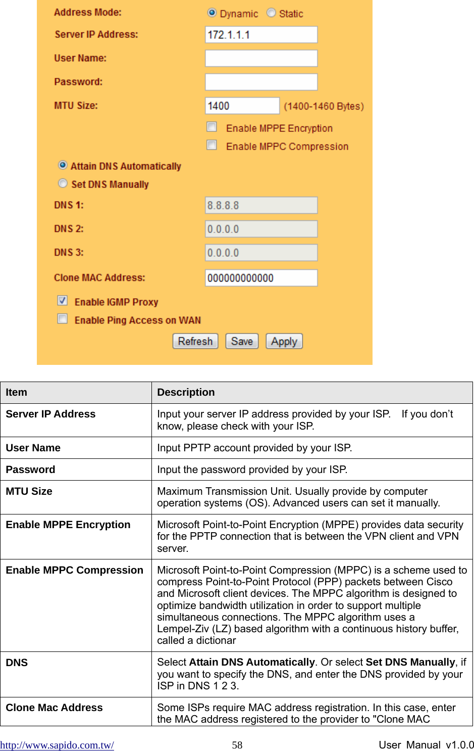 http://www.sapido.com.tw/                User Manual v1.0.0 58 Item  Description Server IP Address  Input your server IP address provided by your ISP.    If you don’t know, please check with your ISP.   User Name  Input PPTP account provided by your ISP.   Password   Input the password provided by your ISP. MTU Size  Maximum Transmission Unit. Usually provide by computer operation systems (OS). Advanced users can set it manually. Enable MPPE Encryption  Microsoft Point-to-Point Encryption (MPPE) provides data security for the PPTP connection that is between the VPN client and VPN server.  Enable MPPC Compression  Microsoft Point-to-Point Compression (MPPC) is a scheme used to compress Point-to-Point Protocol (PPP) packets between Cisco and Microsoft client devices. The MPPC algorithm is designed to optimize bandwidth utilization in order to support multiple simultaneous connections. The MPPC algorithm uses a Lempel-Ziv (LZ) based algorithm with a continuous history buffer, called a dictionar DNS  Select Attain DNS Automatically. Or select Set DNS Manually, if you want to specify the DNS, and enter the DNS provided by your ISP in DNS 1 2 3.   Clone Mac Address  Some ISPs require MAC address registration. In this case, enter the MAC address registered to the provider to &quot;Clone MAC 