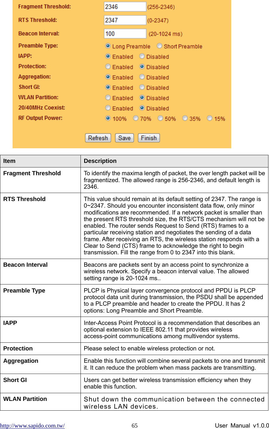 http://www.sapido.com.tw/                User Manual v1.0.0 65 Item  Description Fragment Threshold  To identify the maxima length of packet, the over length packet will be fragmentized. The allowed range is 256-2346, and default length is 2346. RTS Threshold  This value should remain at its default setting of 2347. The range is 0~2347. Should you encounter inconsistent data flow, only minor modifications are recommended. If a network packet is smaller than the present RTS threshold size, the RTS/CTS mechanism will not be enabled. The router sends Request to Send (RTS) frames to a particular receiving station and negotiates the sending of a data frame. After receiving an RTS, the wireless station responds with a Clear to Send (CTS) frame to acknowledge the right to begin transmission. Fill the range from 0 to 2347 into this blank. Beacon Interval  Beacons are packets sent by an access point to synchronize a wireless network. Specify a beacon interval value. The allowed setting range is 20-1024 ms.. Preamble Type  PLCP is Physical layer convergence protocol and PPDU is PLCP protocol data unit during transmission, the PSDU shall be appended to a PLCP preamble and header to create the PPDU. It has 2 options: Long Preamble and Short Preamble. IAPP  Inter-Access Point Protocol is a recommendation that describes an optional extension to IEEE 802.11 that provides wireless access-point communications among multivendor systems. Protection  Please select to enable wireless protection or not. Aggregation  Enable this function will combine several packets to one and transmit it. It can reduce the problem when mass packets are transmitting. Short GI  Users can get better wireless transmission efficiency when they enable this function. WLAN Partition  Shut down the communication between the connected wireless LAN devices. 