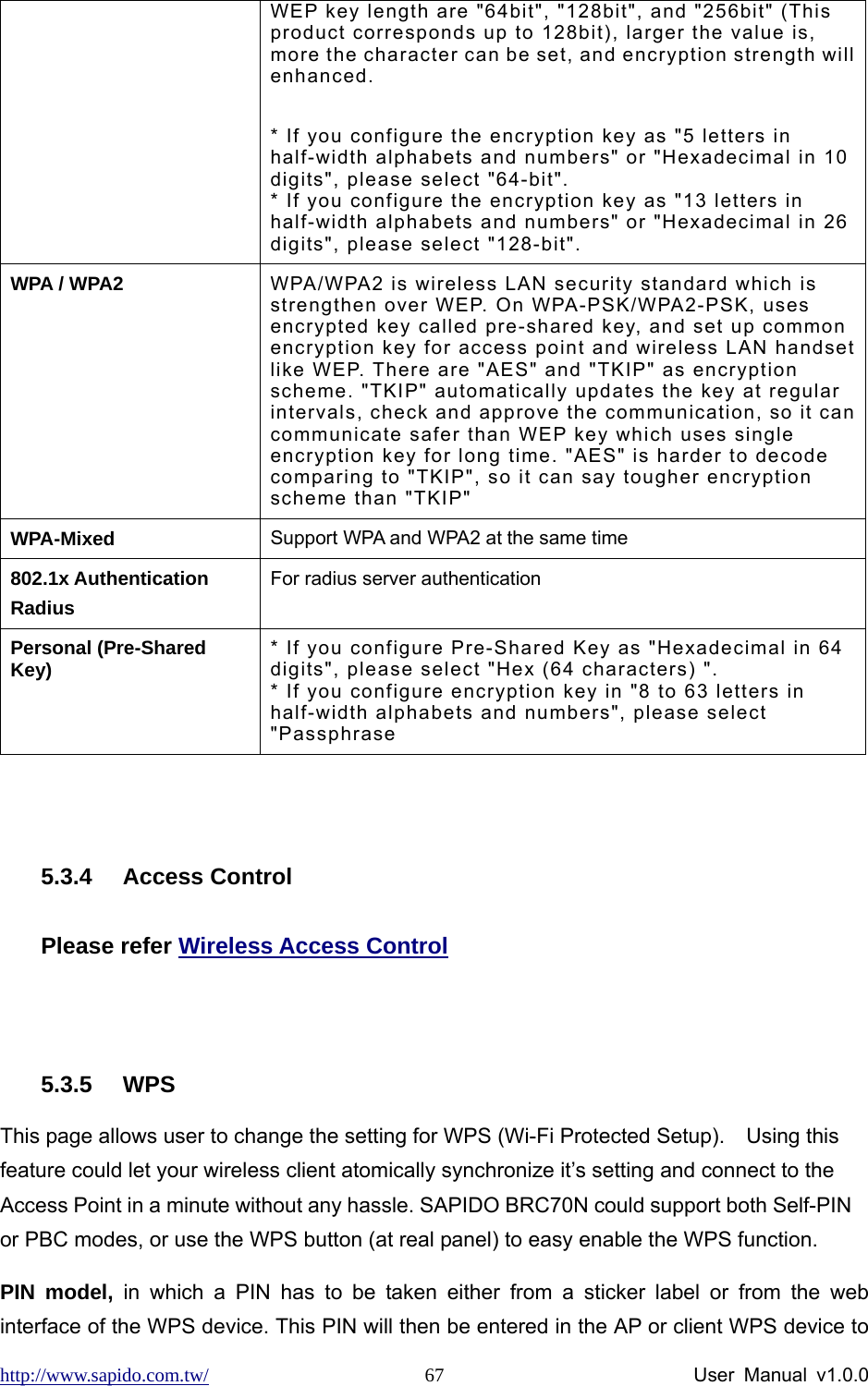 http://www.sapido.com.tw/                User Manual v1.0.0 67WEP key length are &quot;64bit&quot;, &quot;128bit&quot;, and &quot;256bit&quot; (This product corresponds up to 128bit), larger the value is, more the character can be set, and encryption strength will enhanced.  * If you configure the encryption key as &quot;5 letters in half-width alphabets and numbers&quot; or &quot;Hexadecimal in 10 digits&quot;, please select &quot;64-bit&quot;. * If you configure the encryption key as &quot;13 letters in half-width alphabets and numbers&quot; or &quot;Hexadecimal in 26 digits&quot;, please select &quot;128-bit&quot;. WPA / WPA2  WPA/WPA2 is wireless LAN security standard which is strengthen over WEP. On WPA-PSK/WPA2-PSK, uses encrypted key called pre-shared key, and set up common encryption key for access point and wireless LAN handset like WEP. There are &quot;AES&quot; and &quot;TKIP&quot; as encryption scheme. &quot;TKIP&quot; automatically updates the key at regular intervals, check and approve the communication, so it can communicate safer than WEP key which uses single encryption key for long time. &quot;AES&quot; is harder to decode comparing to &quot;TKIP&quot;, so it can say tougher encryption scheme than &quot;TKIP&quot; WPA-Mixed  Support WPA and WPA2 at the same time 802.1x Authentication Radius For radius server authentication Personal (Pre-Shared Key)  * If you configure Pre-Shared Key as &quot;Hexadecimal in 64 digits&quot;, please select &quot;Hex (64 characters) &quot;. * If you configure encryption key in &quot;8 to 63 letters in half-width alphabets and numbers&quot;, please select &quot;Passphrase  5.3.4 Access Control Please refer Wireless Access Control  5.3.5 WPS This page allows user to change the setting for WPS (Wi-Fi Protected Setup).    Using this feature could let your wireless client atomically synchronize it’s setting and connect to the Access Point in a minute without any hassle. SAPIDO BRC70N could support both Self-PIN or PBC modes, or use the WPS button (at real panel) to easy enable the WPS function.   PIN model, in which a PIN has to be taken either from a sticker label or from the web interface of the WPS device. This PIN will then be entered in the AP or client WPS device to 