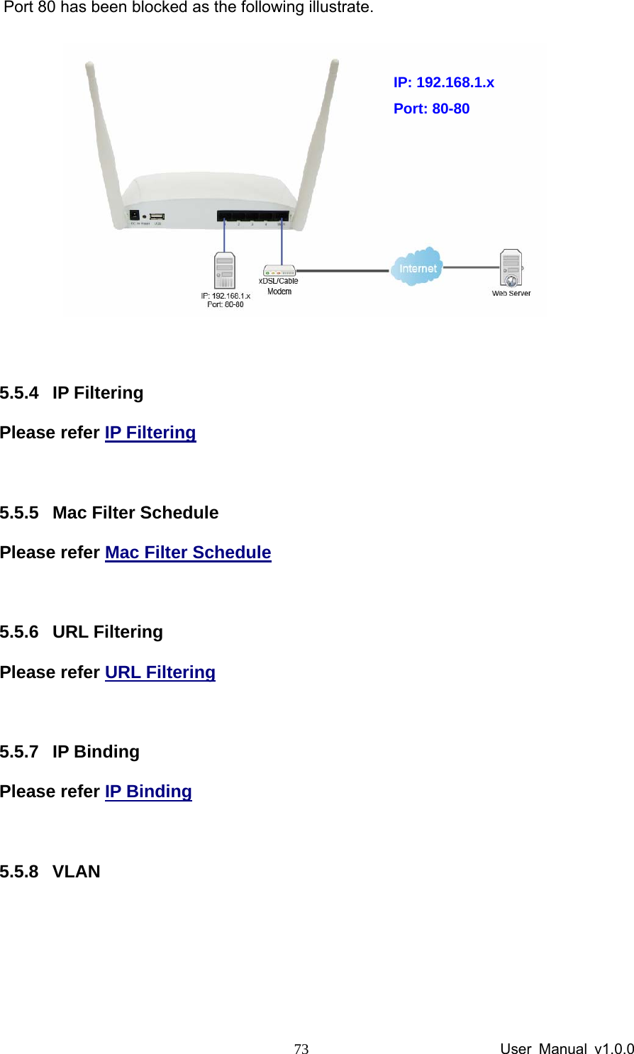                 User Manual v1.0.0 73Port 80 has been blocked as the following illustrate.      5.5.4 IP Filtering Please refer IP Filtering  5.5.5 Mac Filter Schedule Please refer Mac Filter Schedule  5.5.6 URL Filtering Please refer URL Filtering  5.5.7 IP Binding Please refer IP Binding  5.5.8 VLAN IP: 192.168.1.x Port: 80-80 