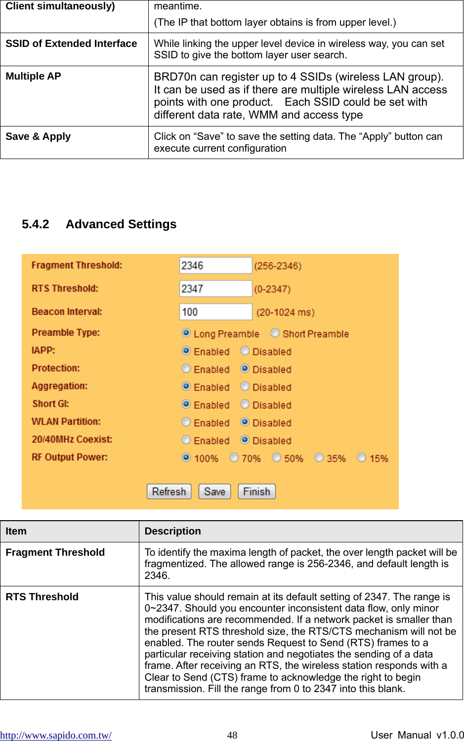 http://www.sapido.com.tw/                User Manual v1.0.0 48Client simultaneously)  meantime.  (The IP that bottom layer obtains is from upper level.)   SSID of Extended Interface  While linking the upper level device in wireless way, you can set SSID to give the bottom layer user search. Multiple AP  BRD70n can register up to 4 SSIDs (wireless LAN group).   It can be used as if there are multiple wireless LAN access points with one product.    Each SSID could be set with different data rate, WMM and access type Save &amp; Apply  Click on “Save” to save the setting data. The “Apply” button can execute current configuration  5.4.2 Advanced Settings  Item  Description Fragment Threshold  To identify the maxima length of packet, the over length packet will be fragmentized. The allowed range is 256-2346, and default length is 2346. RTS Threshold  This value should remain at its default setting of 2347. The range is 0~2347. Should you encounter inconsistent data flow, only minor modifications are recommended. If a network packet is smaller than the present RTS threshold size, the RTS/CTS mechanism will not be enabled. The router sends Request to Send (RTS) frames to a particular receiving station and negotiates the sending of a data frame. After receiving an RTS, the wireless station responds with a Clear to Send (CTS) frame to acknowledge the right to begin transmission. Fill the range from 0 to 2347 into this blank. 