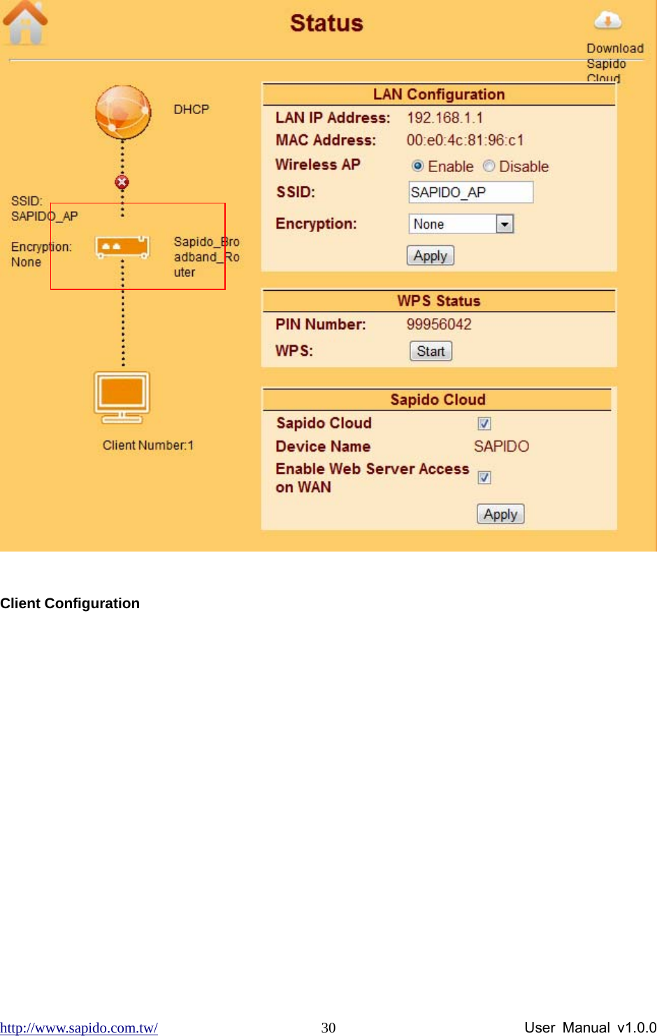 http://www.sapido.com.tw/                User Manual v1.0.0 30 Client Configuration  