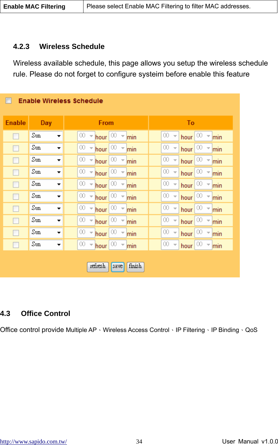 http://www.sapido.com.tw/                User Manual v1.0.0 34Enable MAC Filtering  Please select Enable MAC Filtering to filter MAC addresses.  4.2.3 Wireless Schedule Wireless available schedule, this page allows you setup the wireless schedule rule. Please do not forget to configure systeim before enable this feature   4.3 Office Control Office control provide Multiple AP、Wireless Access Control、IP Filtering、IP Binding、QoS 