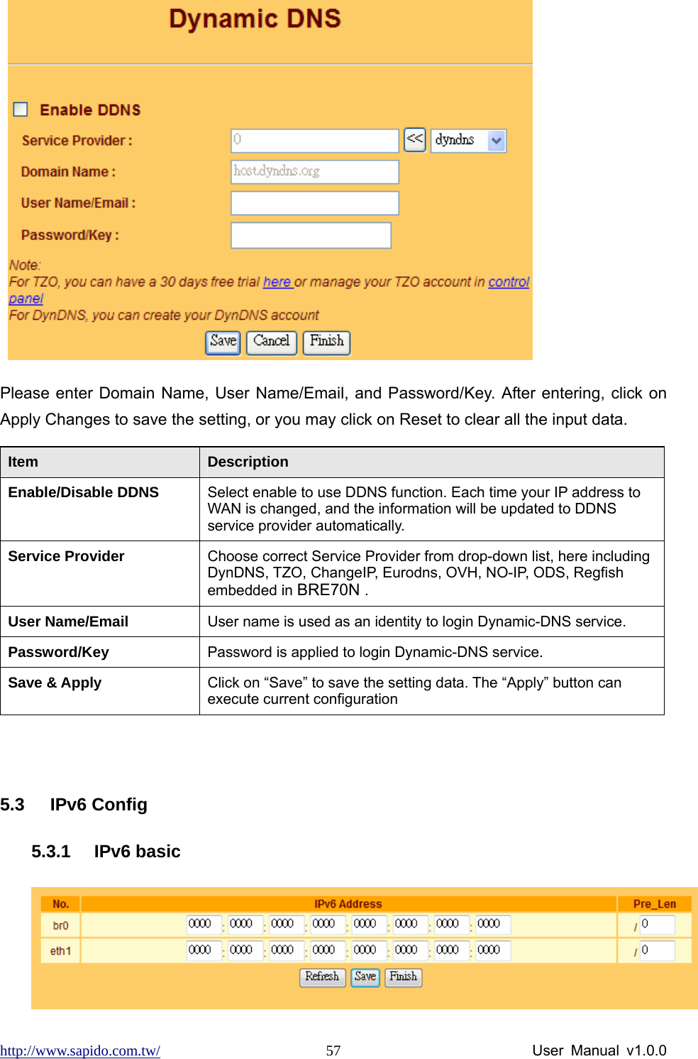 http://www.sapido.com.tw/                User Manual v1.0.0 57   Please enter Domain Name, User Name/Email, and Password/Key. After entering, click on Apply Changes to save the setting, or you may click on Reset to clear all the input data.   Item  Description Enable/Disable DDNS  Select enable to use DDNS function. Each time your IP address to WAN is changed, and the information will be updated to DDNS service provider automatically. Service Provider  Choose correct Service Provider from drop-down list, here including DynDNS, TZO, ChangeIP, Eurodns, OVH, NO-IP, ODS, Regfish embedded in BRE70N .    User Name/Email  User name is used as an identity to login Dynamic-DNS service. Password/Key  Password is applied to login Dynamic-DNS service. Save &amp; Apply  Click on “Save” to save the setting data. The “Apply” button can execute current configuration  5.3 IPv6 Config 5.3.1 IPv6 basic  