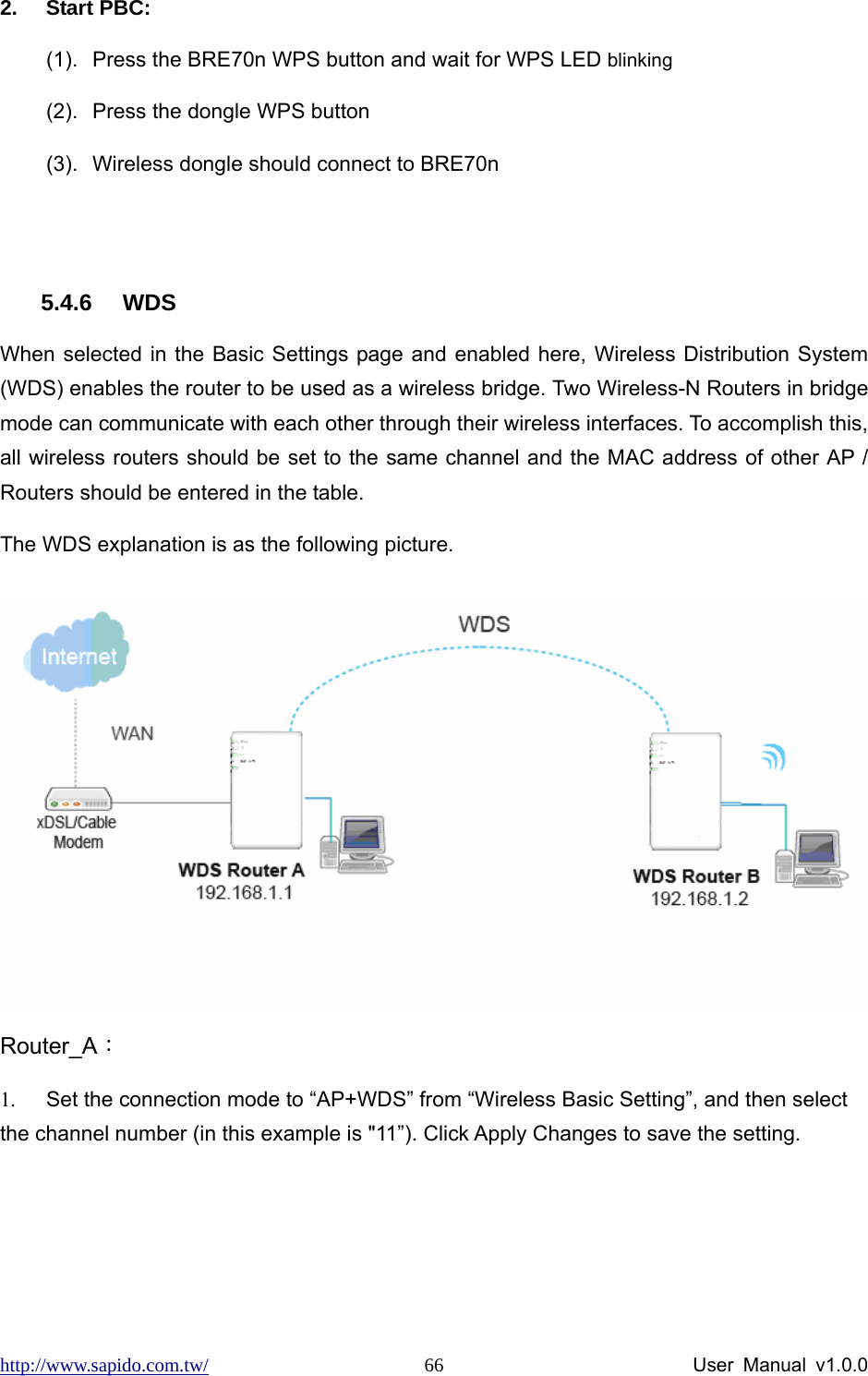 http://www.sapido.com.tw/                User Manual v1.0.0 662. Start PBC: (1).  Press the BRE70n WPS button and wait for WPS LED blinking (2).  Press the dongle WPS button (3).  Wireless dongle should connect to BRE70n  5.4.6 WDS When selected in the Basic Settings page and enabled here, Wireless Distribution System (WDS) enables the router to be used as a wireless bridge. Two Wireless-N Routers in bridge mode can communicate with each other through their wireless interfaces. To accomplish this, all wireless routers should be set to the same channel and the MAC address of other AP / Routers should be entered in the table.   The WDS explanation is as the following picture.     Router_A： 1.  Set the connection mode to “AP+WDS” from “Wireless Basic Setting”, and then select the channel number (in this example is &quot;11”). Click Apply Changes to save the setting. 