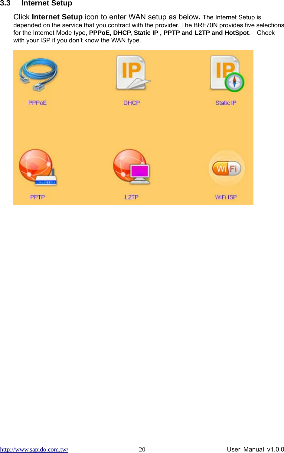 http://www.sapido.com.tw/                User Manual v1.0.0 203.3 Internet Setup Click Internet Setup icon to enter WAN setup as below. The Internet Setup is depended on the service that you contract with the provider. The BRF70N provides five selections for the Internet Mode type, PPPoE, DHCP, Static IP , PPTP and L2TP and HotSpot.  Check with your ISP if you don’t know the WAN type.  