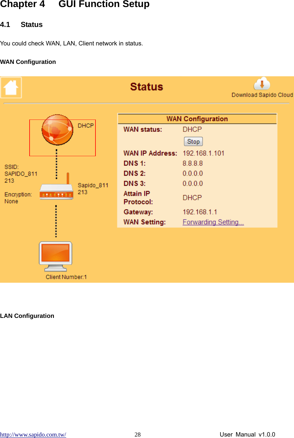 http://www.sapido.com.tw/                User Manual v1.0.0 28Chapter 4  GUI Function Setup 4.1 Status You could check WAN, LAN, Client network in status. WAN Configuration   LAN Configuration  