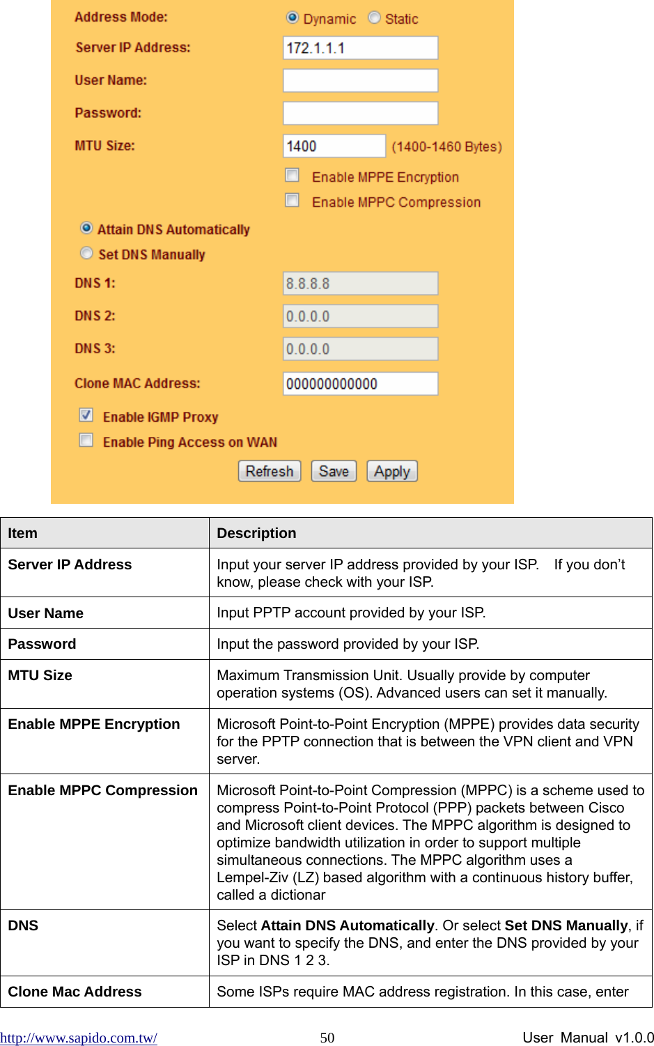 http://www.sapido.com.tw/                User Manual v1.0.0 50 Item  Description Server IP Address  Input your server IP address provided by your ISP.    If you don’t know, please check with your ISP.   User Name  Input PPTP account provided by your ISP.   Password   Input the password provided by your ISP. MTU Size  Maximum Transmission Unit. Usually provide by computer operation systems (OS). Advanced users can set it manually. Enable MPPE Encryption  Microsoft Point-to-Point Encryption (MPPE) provides data security for the PPTP connection that is between the VPN client and VPN server.  Enable MPPC Compression  Microsoft Point-to-Point Compression (MPPC) is a scheme used to compress Point-to-Point Protocol (PPP) packets between Cisco and Microsoft client devices. The MPPC algorithm is designed to optimize bandwidth utilization in order to support multiple simultaneous connections. The MPPC algorithm uses a Lempel-Ziv (LZ) based algorithm with a continuous history buffer, called a dictionar DNS  Select Attain DNS Automatically. Or select Set DNS Manually, if you want to specify the DNS, and enter the DNS provided by your ISP in DNS 1 2 3.   Clone Mac Address  Some ISPs require MAC address registration. In this case, enter 