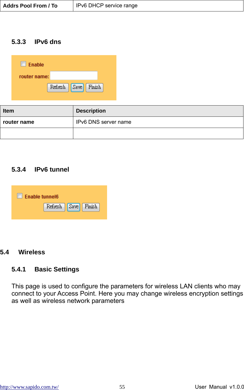 http://www.sapido.com.tw/                User Manual v1.0.0 55Addrs Pool From / To  IPv6 DHCP service range  5.3.3 IPv6 dns  Item  Description router name  IPv6 DNS server name    5.3.4 IPv6 tunnel   5.4 Wireless 5.4.1 Basic Settings This page is used to configure the parameters for wireless LAN clients who may connect to your Access Point. Here you may change wireless encryption settings as well as wireless network parameters 