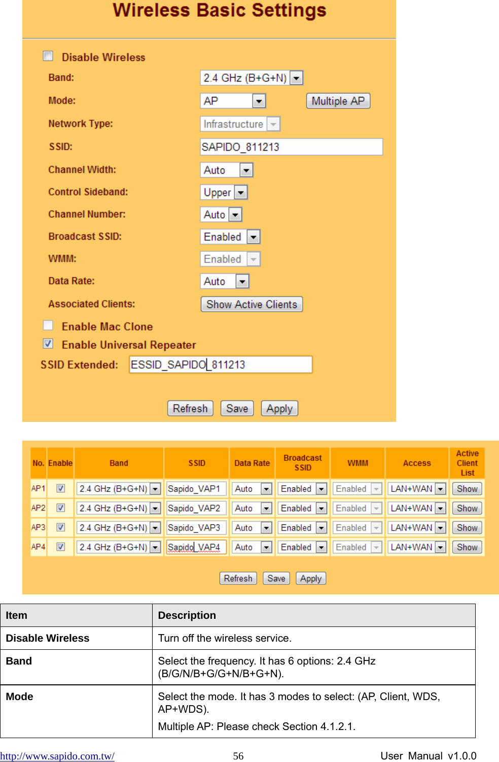 http://www.sapido.com.tw/                User Manual v1.0.0 56  Item  Description Disable Wireless  Turn off the wireless service. Band  Select the frequency. It has 6 options: 2.4 GHz (B/G/N/B+G/G+N/B+G+N). Mode  Select the mode. It has 3 modes to select: (AP, Client, WDS, AP+WDS). Multiple AP: Please check Section 4.1.2.1. 