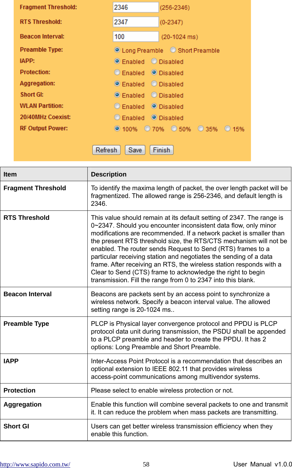 http://www.sapido.com.tw/                User Manual v1.0.0 58 Item  Description Fragment Threshold  To identify the maxima length of packet, the over length packet will be fragmentized. The allowed range is 256-2346, and default length is 2346. RTS Threshold  This value should remain at its default setting of 2347. The range is 0~2347. Should you encounter inconsistent data flow, only minor modifications are recommended. If a network packet is smaller than the present RTS threshold size, the RTS/CTS mechanism will not be enabled. The router sends Request to Send (RTS) frames to a particular receiving station and negotiates the sending of a data frame. After receiving an RTS, the wireless station responds with a Clear to Send (CTS) frame to acknowledge the right to begin transmission. Fill the range from 0 to 2347 into this blank. Beacon Interval  Beacons are packets sent by an access point to synchronize a wireless network. Specify a beacon interval value. The allowed setting range is 20-1024 ms.. Preamble Type  PLCP is Physical layer convergence protocol and PPDU is PLCP protocol data unit during transmission, the PSDU shall be appended to a PLCP preamble and header to create the PPDU. It has 2 options: Long Preamble and Short Preamble. IAPP  Inter-Access Point Protocol is a recommendation that describes an optional extension to IEEE 802.11 that provides wireless access-point communications among multivendor systems. Protection  Please select to enable wireless protection or not. Aggregation  Enable this function will combine several packets to one and transmit it. It can reduce the problem when mass packets are transmitting. Short GI  Users can get better wireless transmission efficiency when they enable this function. 