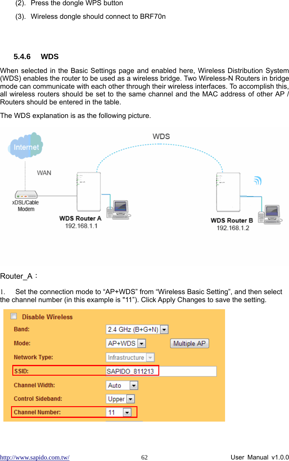 http://www.sapido.com.tw/                User Manual v1.0.0 62(2).  Press the dongle WPS button (3).  Wireless dongle should connect to BRF70n  5.4.6 WDS When selected in the Basic Settings page and enabled here, Wireless Distribution System (WDS) enables the router to be used as a wireless bridge. Two Wireless-N Routers in bridge mode can communicate with each other through their wireless interfaces. To accomplish this, all wireless routers should be set to the same channel and the MAC address of other AP / Routers should be entered in the table.   The WDS explanation is as the following picture.     Router_A： 1.  Set the connection mode to “AP+WDS” from “Wireless Basic Setting”, and then select the channel number (in this example is &quot;11”). Click Apply Changes to save the setting.    