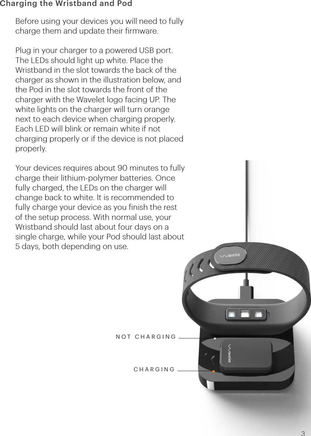 Charging the Wristband and PodBefore using your devices you will need to fully charge them and update their firmware.Plug in your charger to a powered USB port. The LEDs should light up white. Place the Wristband in the slot towards the back of the charger as shown in the illustration below, and the Pod in the slot towards the front of the charger with the Wavelet logo facing UP. The white lights on the charger will turn orange next to each device when charging properly. Each LED will blink or remain white if not charging properly or if the device is not placed properly. Your devices requires about 90 minutes to fully charge their lithium-polymer batteries. Once fully charged, the LEDs on the charger will change back to white. It is recommended to fully charge your device as you finish the rest of the setup process. With normal use, your Wristband should last about four days on a single charge, while your Pod should last about 5 days, both depending on use.NOT CHARGINGCHARGING3