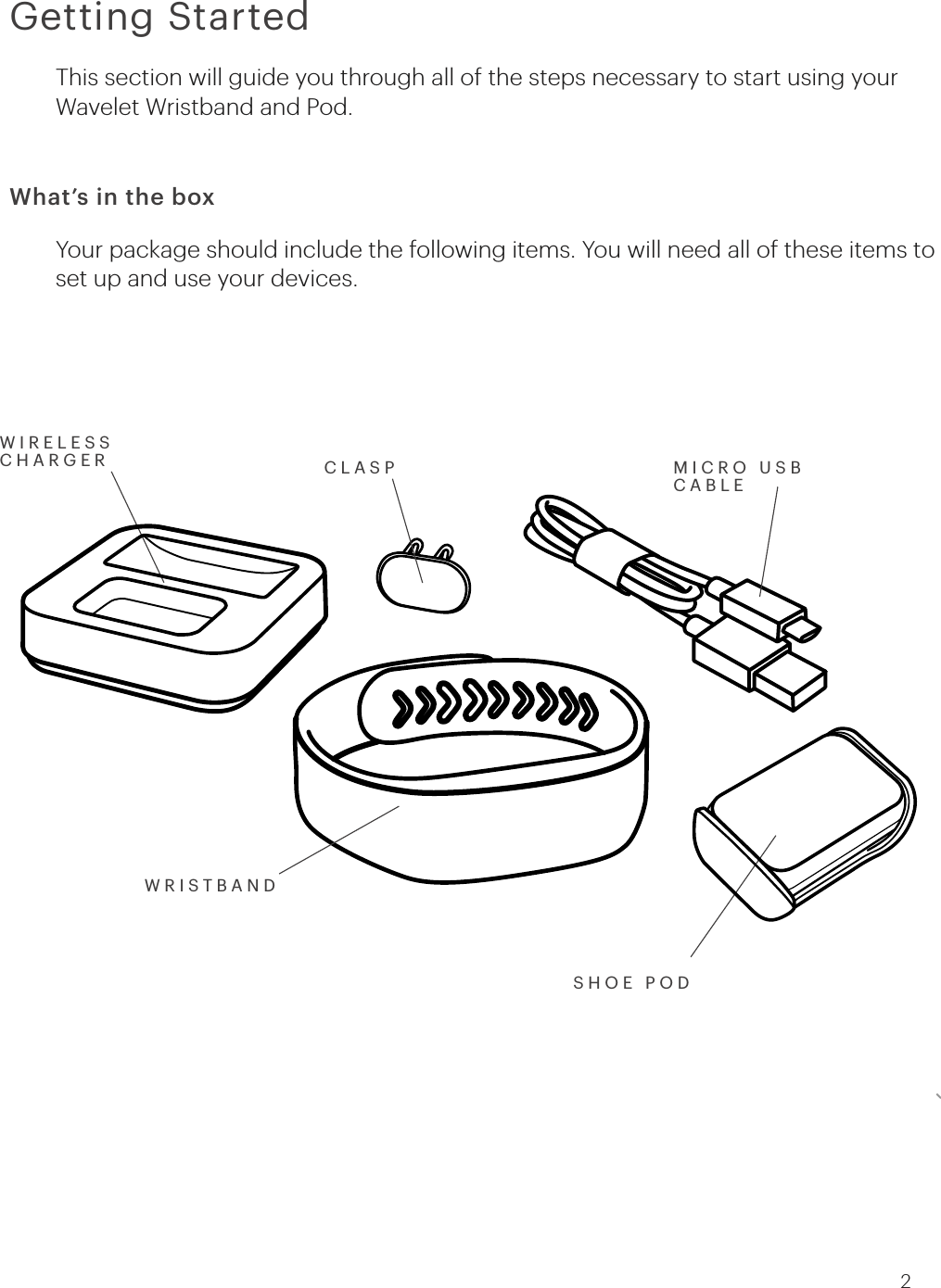 What’s in the boxYour package should include the following items. You will need all of these items to set up and use your devices.WIRELESS CHARGERWRISTBANDSHOE PODMICRO USB CABLECLASPGetting StartedThis section will guide you through all of the steps necessary to start using your Wavelet Wristband and Pod.2