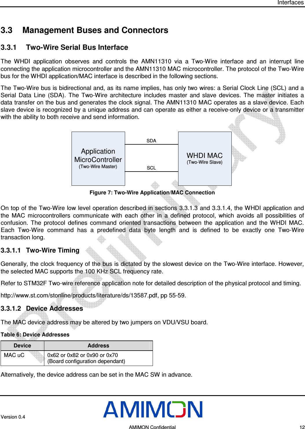 Interfaces Version 0.4        AMIMON Confidential    12 3.3  Management Buses and Connectors 3.3.1  Two-Wire Serial Bus Interface The  WHDI  application  observes  and  controls  the  AMN11310  via  a  Two-Wire  interface  and  an  interrupt  line connecting the application microcontroller and the AMN11310 MAC microcontroller. The protocol of the Two-Wire bus for the WHDI application/MAC interface is described in the following sections. The Two-Wire bus is bidirectional and, as its name implies, has only two wires: a Serial Clock Line (SCL) and a Serial  Data  Line  (SDA).  The  Two-Wire  architecture  includes  master  and  slave  devices.  The  master  initiates  a data transfer on the bus and generates the clock signal. The AMN11310 MAC operates as a slave device. Each slave device is recognized by a unique address and can operate as either a receive-only device or a transmitter with the ability to both receive and send information.  ApplicationMicroController(Two-Wire Master)WHDI MAC(Two-Wire Slave)SDASCL  Figure 7: Two-Wire Application/MAC Connection On top of the Two-Wire low level operation described in sections  3.3.1.3 and  3.3.1.4, the WHDI application and the  MAC  microcontrollers  communicate  with  each  other  in  a  defined  protocol,  which  avoids  all  possibilities  of confusion.  The  protocol  defines  command  oriented  transactions  between  the  application  and  the  WHDI  MAC. Each  Two-Wire  command  has  a  predefined  data  byte  length  and  is  defined  to  be  exactly  one  Two-Wire transaction long. 3.3.1.1  Two-Wire Timing Generally, the clock frequency of the bus is dictated by the slowest device on the Two-Wire interface. However, the selected MAC supports the 100 KHz SCL frequency rate.  Refer to STM32F Two-wire reference application note for detailed description of the physical protocol and timing. http://www.st.com/stonline/products/literature/ds/13587.pdf, pp 55-59.  3.3.1.2  Device Addresses The MAC device address may be altered by two jumpers on VDU/VSU board. Table 6: Device Addresses Device  Address MAC uC  0x62 or 0x82 or 0x90 or 0x70  (Board configuration dependant) Alternatively, the device address can be set in the MAC SW in advance. 