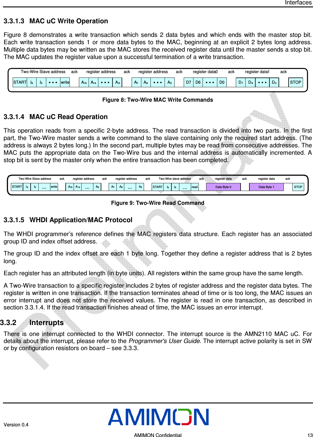 Interfaces Version 0.4        AMIMON Confidential    13 3.3.1.3  MAC uC Write Operation Figure  8  demonstrates  a  write  transaction  which  sends  2  data  bytes  and  which  ends  with  the  master  stop  bit. Each  write  transaction  sends  1 or more  data  bytes  to  the  MAC,  beginning  at  an  explicit  2  bytes  long address. Multiple data bytes may be written as the MAC stores the received register data until the master sends a stop bit. The MAC updates the register value upon a successful termination of a write transaction. I6writeI5...Two-Wire Slave address ackA15A8A14...register address ackA7A0A6...register address ackD7 D0D6...register data0 ackD7D0D6...register data1 ackSTOPSTART Figure 8: Two-Wire MAC Write Commands 3.3.1.4  MAC uC Read Operation This  operation  reads  from  a specific  2-byte address.  The  read  transaction  is  divided  into  two  parts.  In  the  first part, the Two-Wire master sends a write command to the slave containing only the required start address. (The address is always 2 bytes long.) In the second part, multiple bytes may be read from consecutive addresses. The MAC  puts  the  appropriate  data  on  the  Two-Wire  bus  and  the  internal  address  is  automatically incremented.  A stop bit is sent by the master only when the entire transaction has been completed. I6writeI5...Two-Wire Slave address ack register address ack register addressSTARTackA15A8A14...A7A0A6...I6readI5...Two-Wire slave address ackSTART Data Byte 0register data ackData Byte 1register data ackSTOP Figure 9: Two-Wire Read Command 3.3.1.5  WHDI Application/MAC Protocol The WHDI  programmer’s  reference  defines  the  MAC registers  data  structure.  Each  register  has  an  associated group ID and index offset address. The group ID and the index offset are each 1 byte long. Together they define a register address that is 2 bytes long. Each register has an attributed length (in byte units). All registers within the same group have the same length. A Two-Wire transaction to a specific register includes 2 bytes of register address and the register data bytes. The register is written in one transaction. If the transaction terminates ahead of time or is too long, the MAC issues an error  interrupt  and  does  not  store  the  received  values.  The  register  is  read  in one  transaction,  as  described  in section  3.3.1.4. If the read transaction finishes ahead of time, the MAC issues an error interrupt. 3.3.2  Interrupts There  is  one  interrupt  connected  to  the  WHDI  connector.  The  interrupt  source  is  the  AMN2110  MAC  uC.  For details about the interrupt, please refer to the Programmer&apos;s User Guide. The interrupt active polarity is set in SW or by configuration resistors on board – see  3.3.3. 