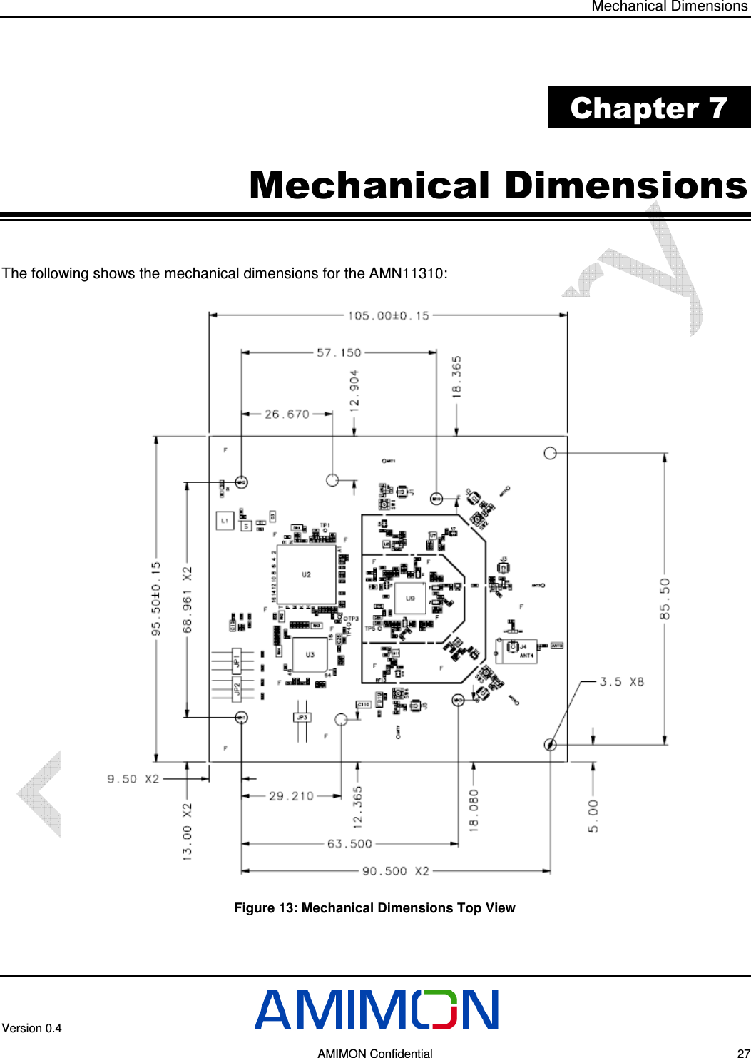 Mechanical Dimensions Version 0.4       AMIMON Confidential    27  Chapter 7 Mechanical Dimensions The following shows the mechanical dimensions for the AMN11310:  Figure 13: Mechanical Dimensions Top View 