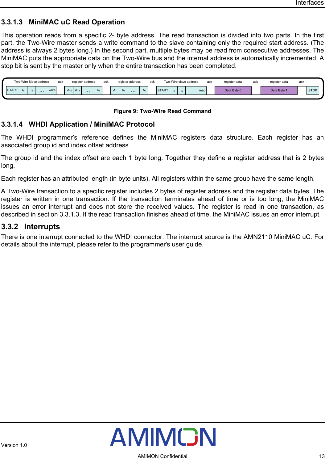 Interfaces 3.3.1.3  MiniMAC uC Read Operation This operation reads from a specific 2- byte address. The read transaction is divided into two parts. In the first part, the Two-Wire master sends a write command to the slave containing only the required start address. (The address is always 2 bytes long.) In the second part, multiple bytes may be read from consecutive addresses. The MiniMAC puts the appropriate data on the Two-Wire bus and the internal address is automatically incremented. A stop bit is sent by the master only when the entire transaction has been completed. I6writeI5...Two-Wire Slave address ack register address ack register addressSTARTackA15 A8A14 ... A7A0A6... I6readI5...Two-Wire slave address ackSTART Data Byte 0register data ackData Byte 1register data ackSTOP Figure 9: Two-Wire Read Command 3.3.1.4  WHDI Application / MiniMAC Protocol The WHDI programmer’s reference defines the MiniMAC registers data structure. Each register has an associated group id and index offset address. The group id and the index offset are each 1 byte long. Together they define a register address that is 2 bytes long. Each register has an attributed length (in byte units). All registers within the same group have the same length. A Two-Wire transaction to a specific register includes 2 bytes of register address and the register data bytes. The register is written in one transaction. If the transaction terminates ahead of time or is too long, the MiniMAC issues an error interrupt and does not store the received values. The register is read in one transaction, as described in section 3.3.1.3. If the read transaction finishes ahead of time, the MiniMAC issues an error interrupt. 3.3.2 Interrupts There is one interrupt connected to the WHDI connector. The interrupt source is the AMN2110 MiniMAC uC. For details about the interrupt, please refer to the programmer&apos;s user guide. Version 1.0     AMIMON Confidential  13 