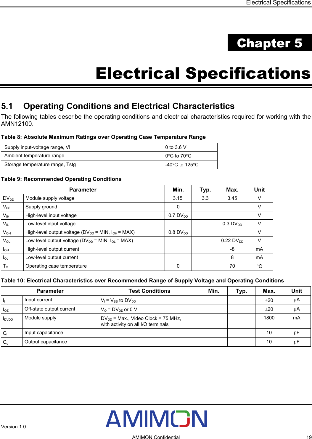 Electrical Specifications  Chapter 5 Electrical Specifications 5.1  Operating Conditions and Electrical Characteristics The following tables describe the operating conditions and electrical characteristics required for working with the AMN12100. Table 8: Absolute Maximum Ratings over Operating Case Temperature Range  Supply input-voltage range, VI  0 to 3.6 V Ambient temperature range  0°C to 70°C Storage temperature range, Tstg  -40°C to 125°C Table 9: Recommended Operating Conditions Parameter Min. Typ. Max. Unit DVDD Module supply voltage    3.15  3.3  3.45  V VSS Supply ground  0      V VIH High-level input voltage  0.7 DVDD   V VIL Low-level input voltage      0.3 DVDD V VOH High-level output voltage (DVDD = MIN, IOH = MAX)  0.8 DVDD   V VOL Low-level output voltage (DVDD = MIN, IOL = MAX)      0.22 DVDD V IOH High-level output current      -8  mA IOL Low-level output current      8  mA TCOperating case temperature  0    70  °C Table 10: Electrical Characteristics over Recommended Range of Supply Voltage and Operating Conditions Parameter Test Conditions Min. Typ. Max. Unit IIInput current  VI = VSS to DVDD   ±20  μA IOZ Off-state output current  VO = DVDD or 0 V    ±20  μA IDVDD Module supply   DVDD = Max., Video Clock = 75 MHz, with activity on all I/O terminals   1800 mA CiInput capacitance     10 pF CoOutput capacitance     10 pF  Version 1.0     AMIMON Confidential  19 