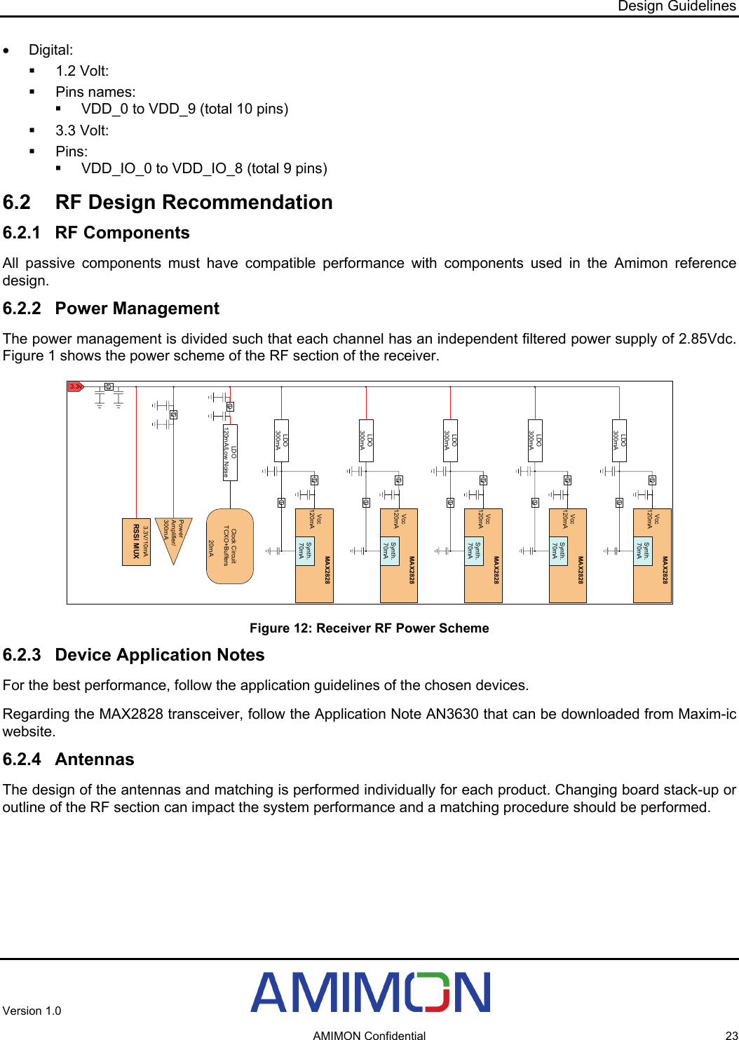 Design Guidelines • Digital:  1.2 Volt:  Pins names:   VDD_0 to VDD_9 (total 10 pins)  3.3 Volt:  Pins:   VDD_IO_0 to VDD_IO_8 (total 9 pins) 6.2  RF Design Recommendation 6.2.1 RF Components All passive components must have compatible performance with components used in the Amimon reference design. 6.2.2 Power Management The power management is divided such that each channel has an independent filtered power supply of 2.85Vdc. Figure 1 shows the power scheme of the RF section of the receiver. LDO300mAMAX2828Synth.70mAVcc120mALDO300mAMAX2828Synth.70mAVcc120mALDO300mAMAX2828Synth.70mAVcc120mALDO300mAMAX2828Synth.70mAVcc120mALDO300mAMAX2828Synth.70mAVcc120mA3.3vClock CircuitTCXO+Buffers20mALDO120mA/Low NoisePower Amplifier/300mARSSI MUX3.3V/10mA Figure 12: Receiver RF Power Scheme 6.2.3  Device Application Notes For the best performance, follow the application guidelines of the chosen devices. Regarding the MAX2828 transceiver, follow the Application Note AN3630 that can be downloaded from Maxim-ic website. 6.2.4 Antennas The design of the antennas and matching is performed individually for each product. Changing board stack-up or outline of the RF section can impact the system performance and a matching procedure should be performed.  Version 1.0     AMIMON Confidential  23 