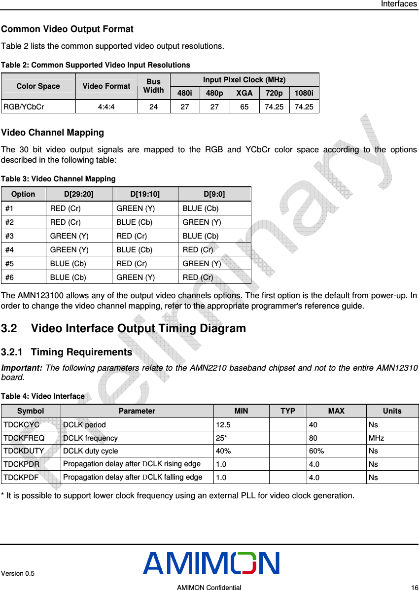 Interfaces Version 0.5     AMIMON Confidential    16 Common Video Output Format Table 2 lists the common supported video output resolutions. Table 2: Common Supported Video Input Resolutions Input Pixel Clock (MHz) Color Space  Video Format  Bus Width  480i  480p  XGA  720p  1080i RGB/YCbCr  4:4:4  24 27  27  65  74.25  74.25 Video Channel Mapping The  30  bit  video  output  signals  are  mapped  to  the  RGB  and  YCbCr  color  space  according  to  the  options described in the following table:  Table 3: Video Channel Mapping Option  D[29:20]  D[19:10]  D[9:0] #1  RED (Cr)  GREEN (Y)  BLUE (Cb) #2  RED (Cr)  BLUE (Cb)  GREEN (Y) #3  GREEN (Y)  RED (Cr)  BLUE (Cb) #4  GREEN (Y)  BLUE (Cb)  RED (Cr) #5  BLUE (Cb)  RED (Cr)  GREEN (Y) #6  BLUE (Cb)  GREEN (Y)  RED (Cr) The AMN123100 allows any of the output video channels options. The first option is the default from power-up. In order to change the video channel mapping, refer to the appropriate programmer&apos;s reference guide. 3.2  Video Interface Output Timing Diagram 3.2.1  Timing Requirements Important: The following parameters relate to the AMN2210 baseband chipset and not to the entire AMN12310 board. Table 4: Video Interface Symbol  Parameter  MIN  TYP  MAX  Units TDCKCYC  DCLK period  12.5    40  Ns TDCKFREQ  DCLK frequency  25*   80  MHz TDCKDUTY  DCLK duty cycle 40%    60%  Ns TDCKPDR  Propagation delay after DCLK rising edge  1.0    4.0  Ns TDCKPDF Propagation delay after DCLK falling edge  1.0    4.0  Ns * It is possible to support lower clock frequency using an external PLL for video clock generation. 