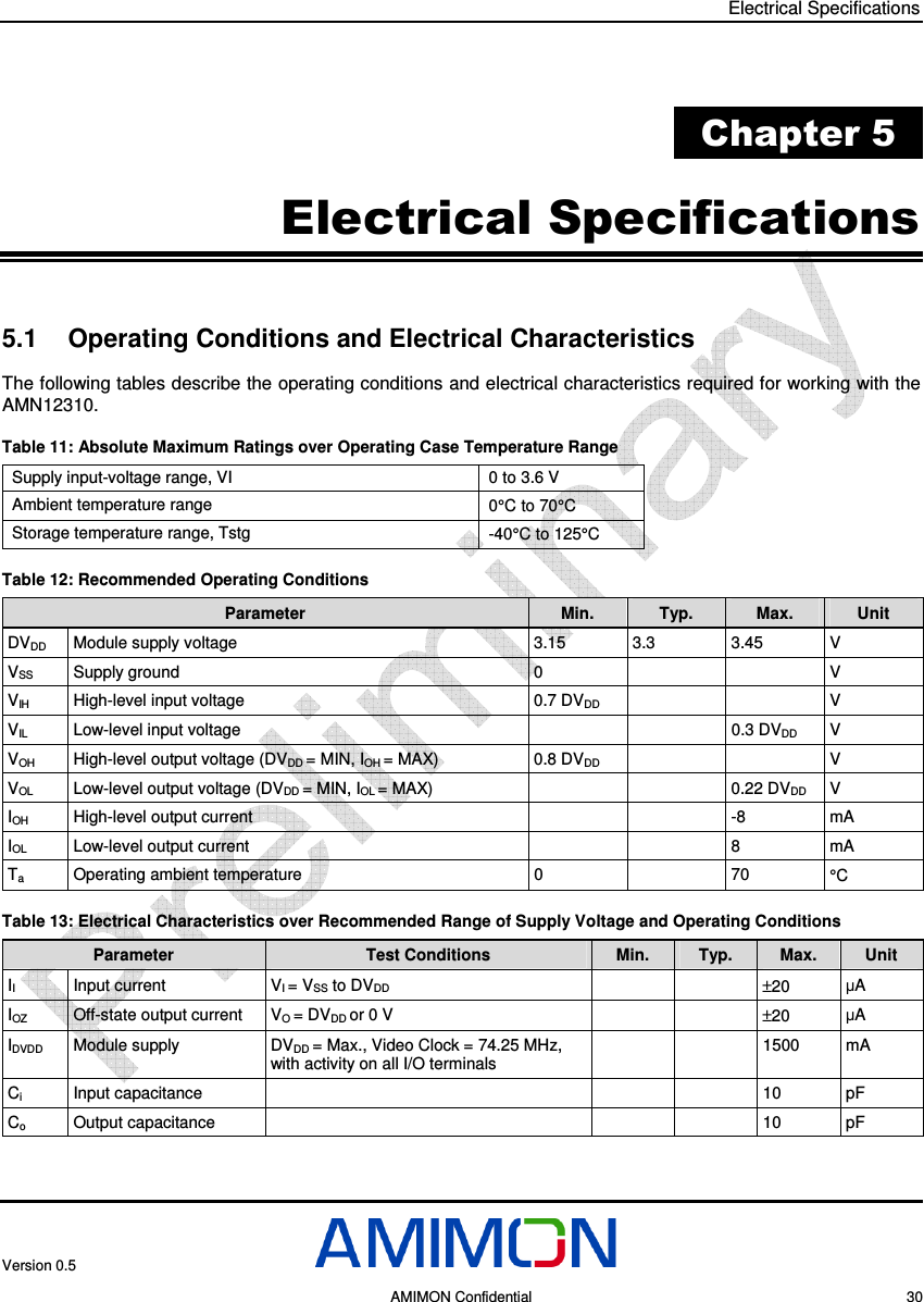 Electrical Specifications Version 0.5     AMIMON Confidential    30  Chapter 5 Electrical Specifications 5.1  Operating Conditions and Electrical Characteristics The following tables describe the operating conditions and electrical characteristics required for working with the AMN12310. Table 11: Absolute Maximum Ratings over Operating Case Temperature Range  Supply input-voltage range, VI  0 to 3.6 V Ambient temperature range  0°C to 70°C Storage temperature range, Tstg  -40°C to 125°C Table 12: Recommended Operating Conditions Parameter  Min.  Typ.  Max.  Unit DVDD  Module supply voltage  3.15  3.3  3.45  V VSS  Supply ground  0      V VIH  High-level input voltage  0.7 DVDD      V VIL  Low-level input voltage      0.3 DVDD  V VOH  High-level output voltage (DVDD = MIN, IOH = MAX)  0.8 DVDD      V VOL  Low-level output voltage (DVDD = MIN, IOL = MAX)      0.22 DVDD  V IOH  High-level output current      -8  mA IOL  Low-level output current      8  mA Ta  Operating ambient temperature  0    70 °C Table 13: Electrical Characteristics over Recommended Range of Supply Voltage and Operating Conditions Parameter  Test Conditions  Min.  Typ.  Max.  Unit II Input current  VI = VSS to DVDD     ±20 µA IOZ Off-state output current  VO = DVDD or 0 V     ±20 µA IDVDD Module supply   DVDD = Max., Video Clock = 74.25 MHz, with activity on all I/O terminals     1500  mA Ci Input capacitance        10  pF Co Output capacitance        10  pF  