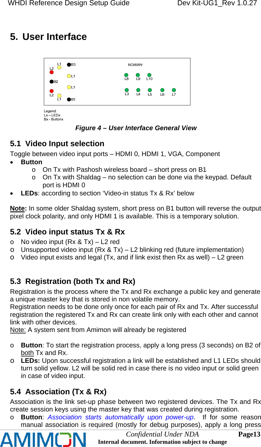 WHDI Reference Design Setup Guide   Dev Kit-UG1_Rev 1.0.27   5.  User Interface  Figure 4 – User Interface General View 5.1  Video Input selection Toggle between video input ports – HDMI 0, HDMI 1, VGA, Component  Button o  On Tx with Pashosh wireless board – short press on B1 o  On Tx with Shaldag – no selection can be done via the keypad. Default port is HDMI 0  LEDs: according to section ‘Video-in status Tx &amp; Rx’ below  Note: In some older Shaldag system, short press on B1 button will reverse the output pixel clock polarity, and only HDMI 1 is available. This is a temporary solution. 5.2  Video input status Tx &amp; Rx o  No video input (Rx &amp; Tx) – L2 red o Unsupported video input (Rx &amp; Tx) – L2 blinking red (future implementation) o Video input exists and legal (Tx, and if link exist then Rx as well) – L2 green  5.3  Registration (both Tx and Rx) Registration is the process where the Tx and Rx exchange a public key and generate a unique master key that is stored in non volatile memory.   Registration needs to be done only once for each pair of Rx and Tx. After successful registration the registered Tx and Rx can create link only with each other and cannot link with other devices. Note: A system sent from Amimon will already be registered  o Button: To start the registration process, apply a long press (3 seconds) on B2 of both Tx and Rx. o LEDs: Upon successful registration a link will be established and L1 LEDs should turn solid yellow. L2 will be solid red in case there is no video input or solid green in case of video input. 5.4  Association (Tx &amp; Rx) Association is the link set-up phase between two registered devices. The Tx and Rx create session keys using the master key that was created during registration. o Button:  Association starts automatically upon power-up.  If for some reason manual association is required (mostly for debug purposes), apply a long press Confidential Under NDA Internal document. Information subject to change  13 Page   