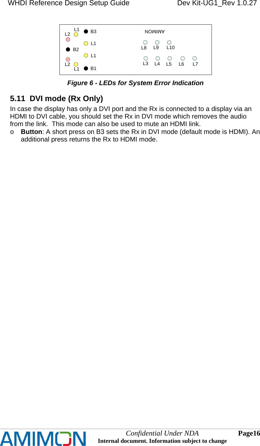 WHDI Reference Design Setup Guide   Dev Kit-UG1_Rev 1.0.27   AMIMONB1B2B3L1L1L1L1L2L2L3 L4 L5 L6 L7L8 L9 L10 Figure 6 - LEDs for System Error Indication 5.11  DVI mode (Rx Only) In case the display has only a DVI port and the Rx is connected to a display via an HDMI to DVI cable, you should set the Rx in DVI mode which removes the audio from the link.  This mode can also be used to mute an HDMI link. o Button: A short press on B3 sets the Rx in DVI mode (default mode is HDMI). An additional press returns the Rx to HDMI mode.     Confidential Under NDA Internal document. Information subject to change  16 Page   