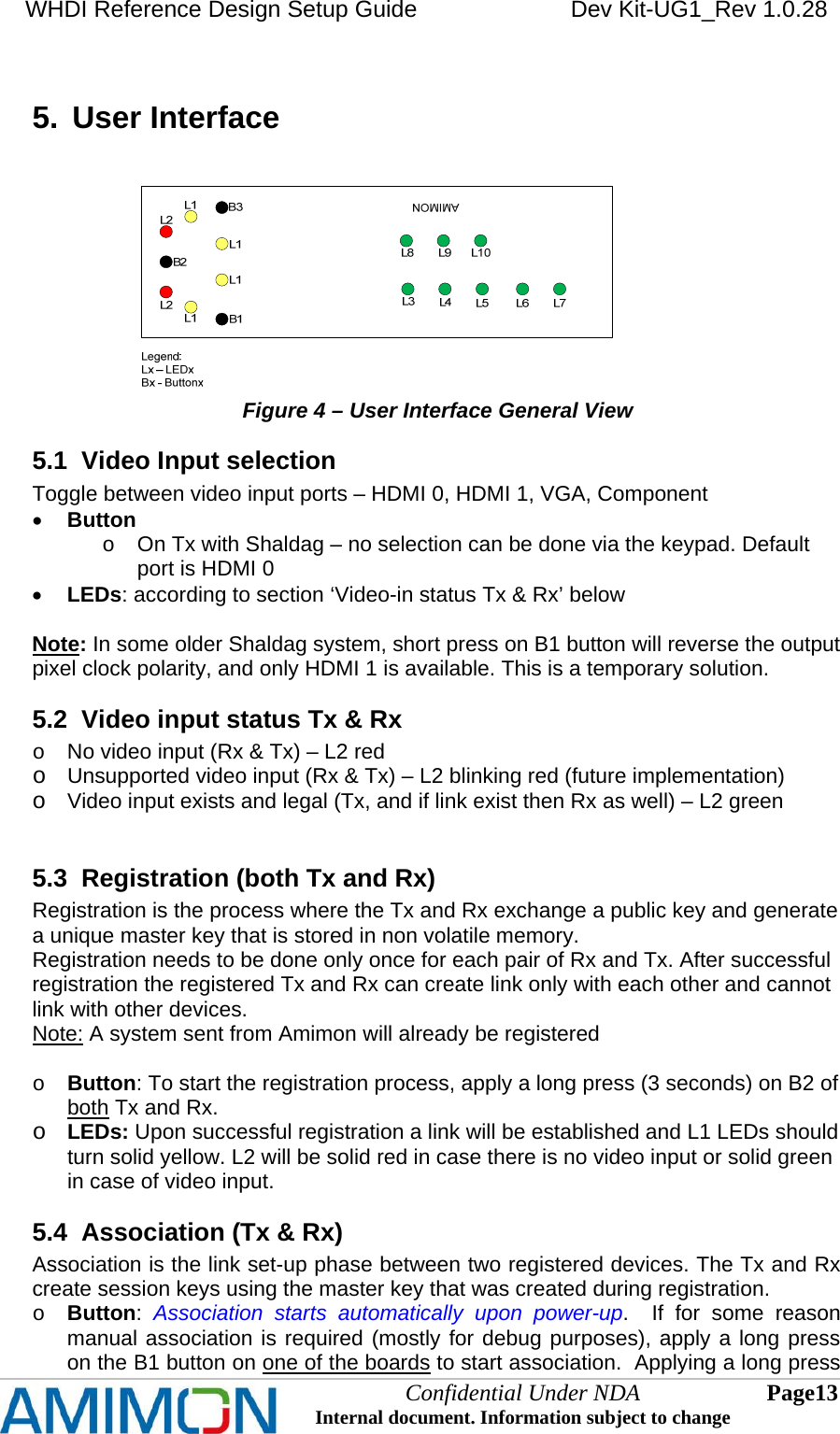 WHDI Reference Design Setup Guide   Dev Kit-UG1_Rev 1.0.28   5.  User Interface  Figure 4 – User Interface General View 5.1  Video Input selection Toggle between video input ports – HDMI 0, HDMI 1, VGA, Component  Button o  On Tx with Shaldag – no selection can be done via the keypad. Default port is HDMI 0  LEDs: according to section ‘Video-in status Tx &amp; Rx’ below  Note: In some older Shaldag system, short press on B1 button will reverse the output pixel clock polarity, and only HDMI 1 is available. This is a temporary solution. 5.2  Video input status Tx &amp; Rx o  No video input (Rx &amp; Tx) – L2 red o Unsupported video input (Rx &amp; Tx) – L2 blinking red (future implementation) o Video input exists and legal (Tx, and if link exist then Rx as well) – L2 green  5.3  Registration (both Tx and Rx) Registration is the process where the Tx and Rx exchange a public key and generate a unique master key that is stored in non volatile memory.   Registration needs to be done only once for each pair of Rx and Tx. After successful registration the registered Tx and Rx can create link only with each other and cannot link with other devices. Note: A system sent from Amimon will already be registered  o Button: To start the registration process, apply a long press (3 seconds) on B2 of both Tx and Rx. o LEDs: Upon successful registration a link will be established and L1 LEDs should turn solid yellow. L2 will be solid red in case there is no video input or solid green in case of video input. 5.4  Association (Tx &amp; Rx) Association is the link set-up phase between two registered devices. The Tx and Rx create session keys using the master key that was created during registration. o Button:  Association starts automatically upon power-up.  If for some reason manual association is required (mostly for debug purposes), apply a long press on the B1 button on one of the boards to start association.  Applying a long press Confidential Under NDA Internal document. Information subject to change  13 Page   