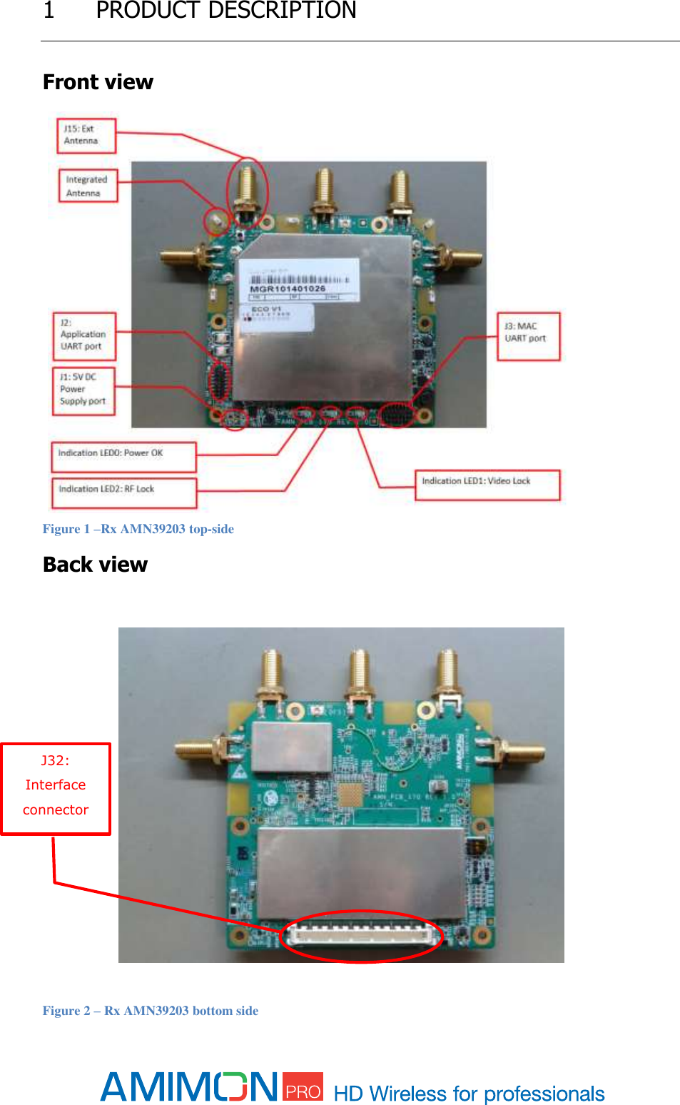  1 PRODUCT DESCRIPTION  Front view  Figure 1 –Rx AMN39203 top-side  Back view  Figure 2 – Rx AMN39203 bottom side J32: Interface connector 